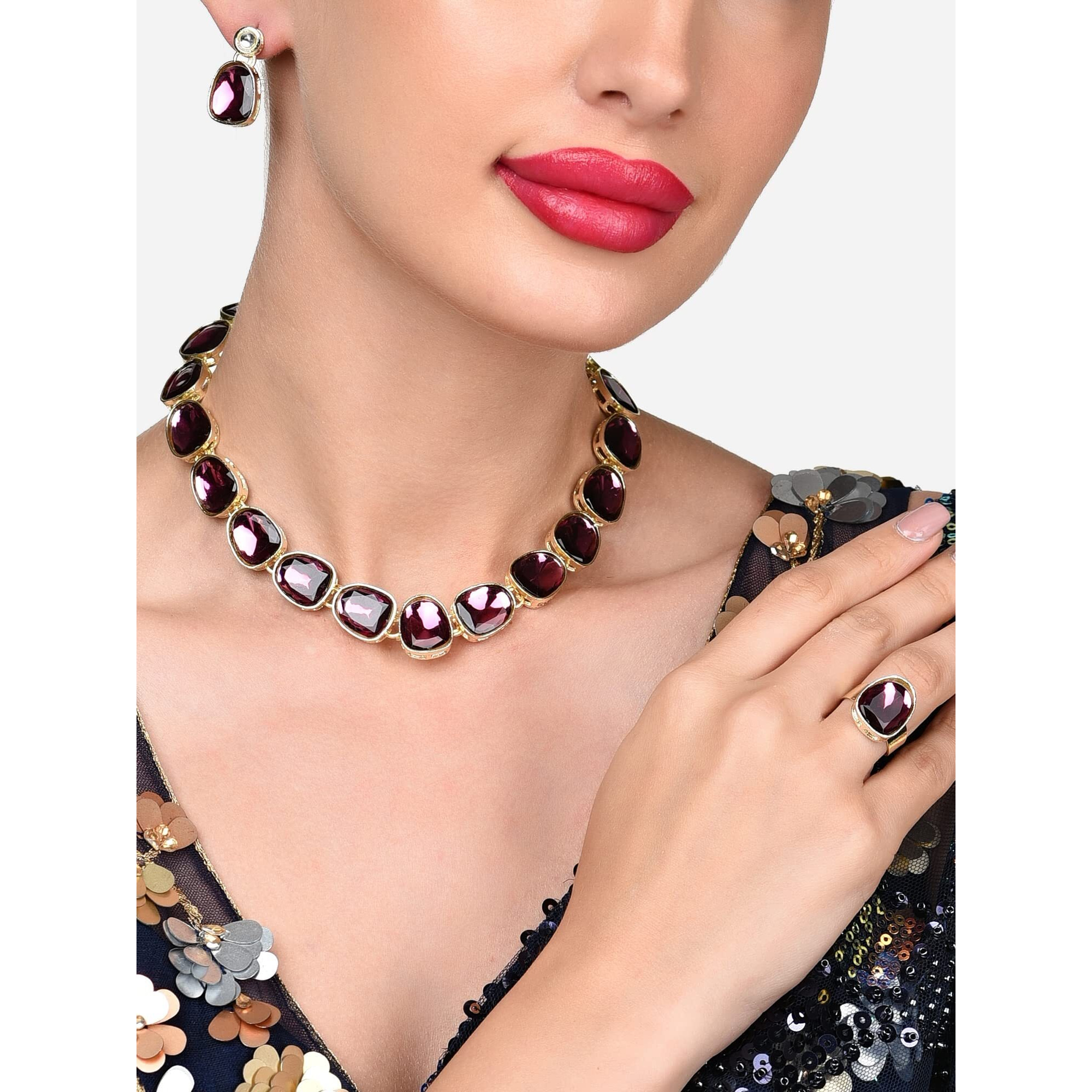 ZAVERI PEARLS Wine Color Stones Embellished Fusion Necklace Earring & Ring Set For Women-ZPFK15893