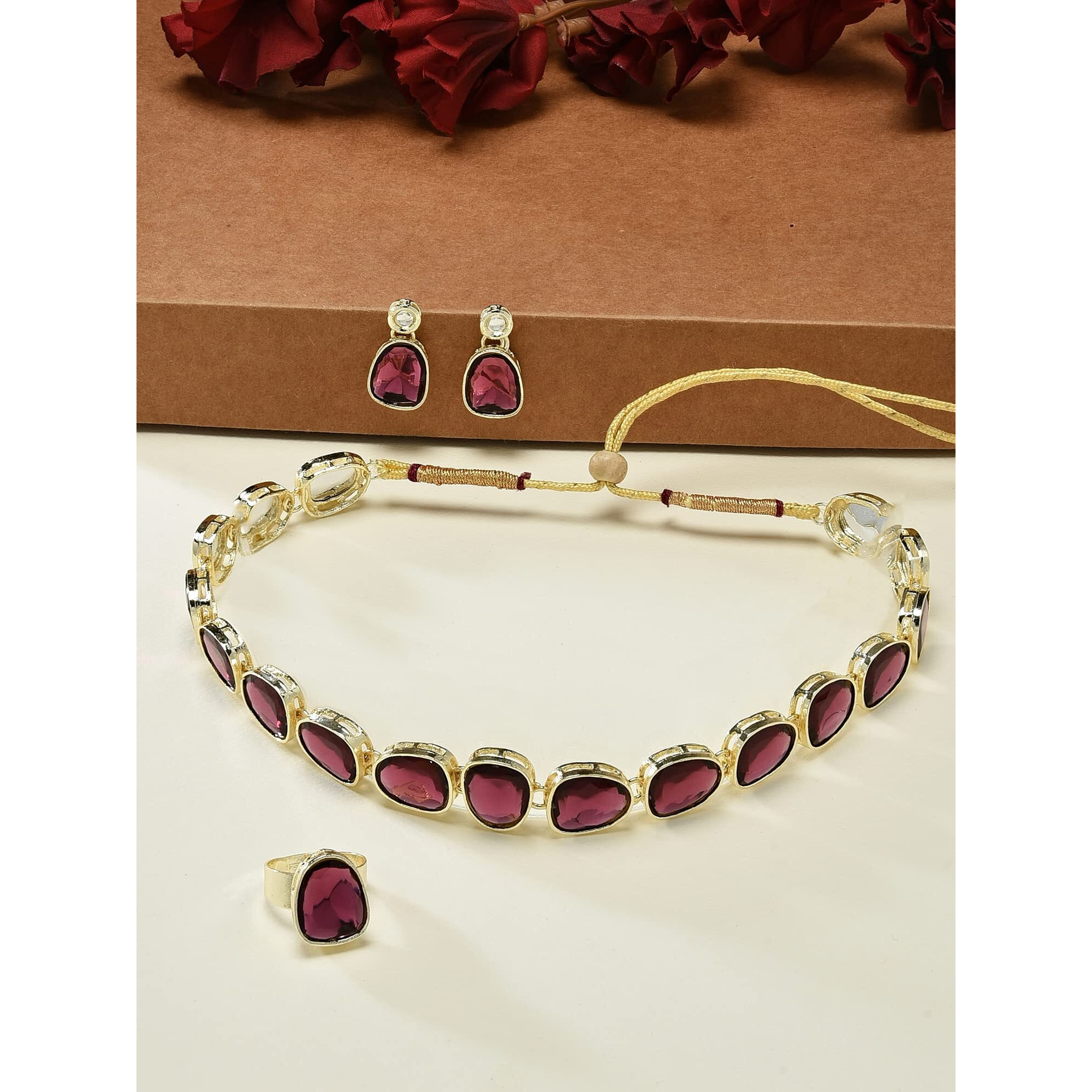 ZAVERI PEARLS Wine Color Stones Embellished Fusion Necklace Earring & Ring Set For Women-ZPFK15893