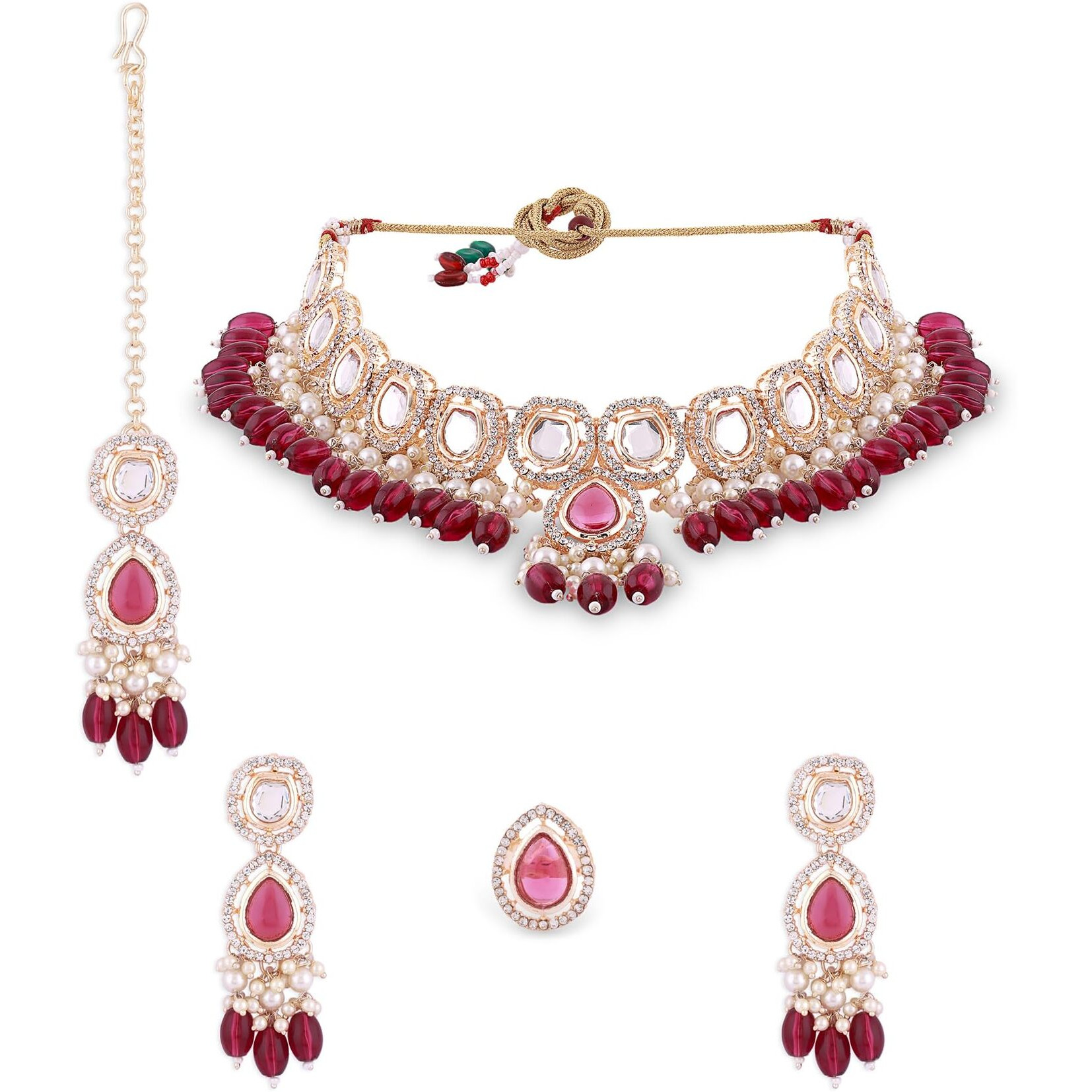 ZAVERI PEARLS Wine Colour Artificial Stone Beads Choker Necklace Earring Maangtikka Ring Set For Women-ZPFK16385