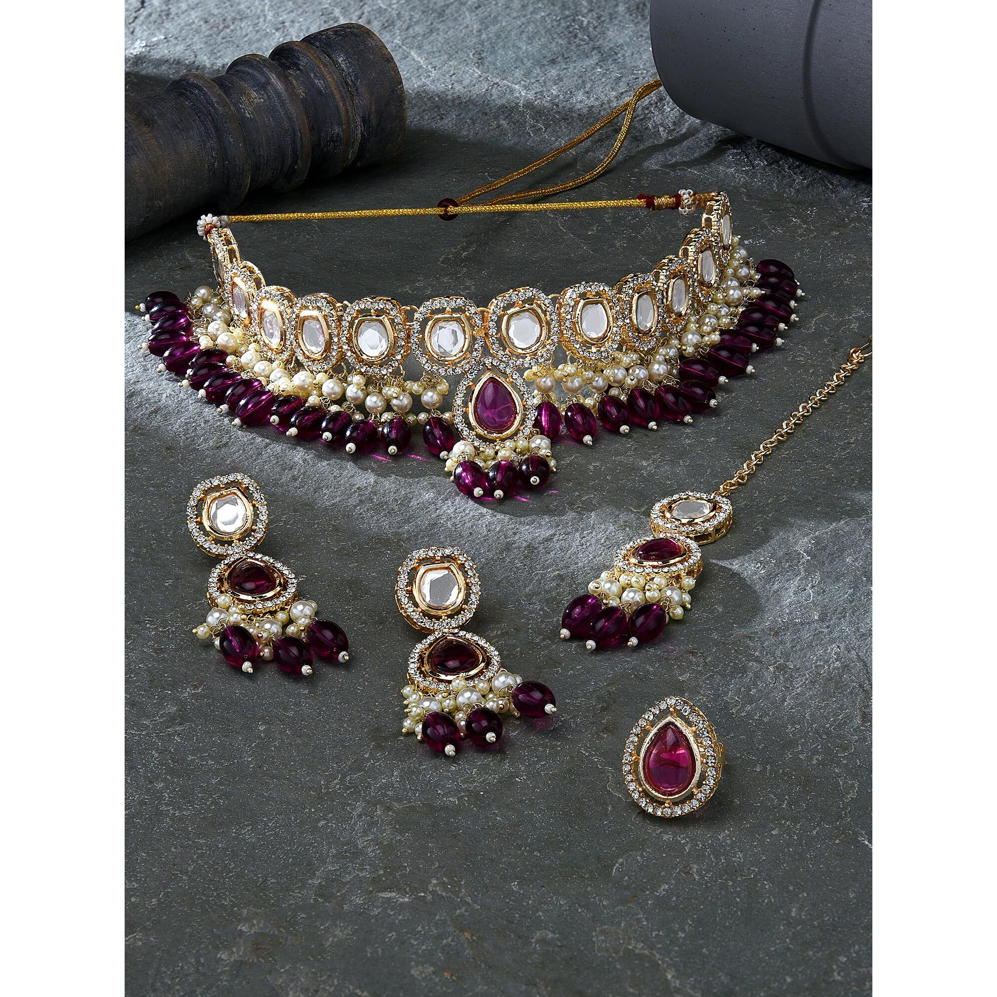 ZAVERI PEARLS Wine Colour Artificial Stone Beads Choker Necklace Earring Maangtikka Ring Set For Women-ZPFK16385
