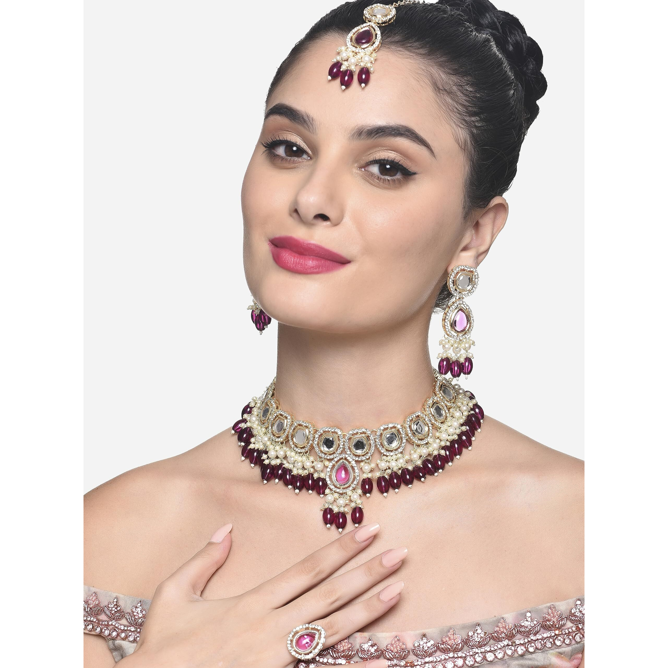 ZAVERI PEARLS Wine Colour Artificial Stone Beads Choker Necklace Earring Maangtikka Ring Set For Women-ZPFK16385