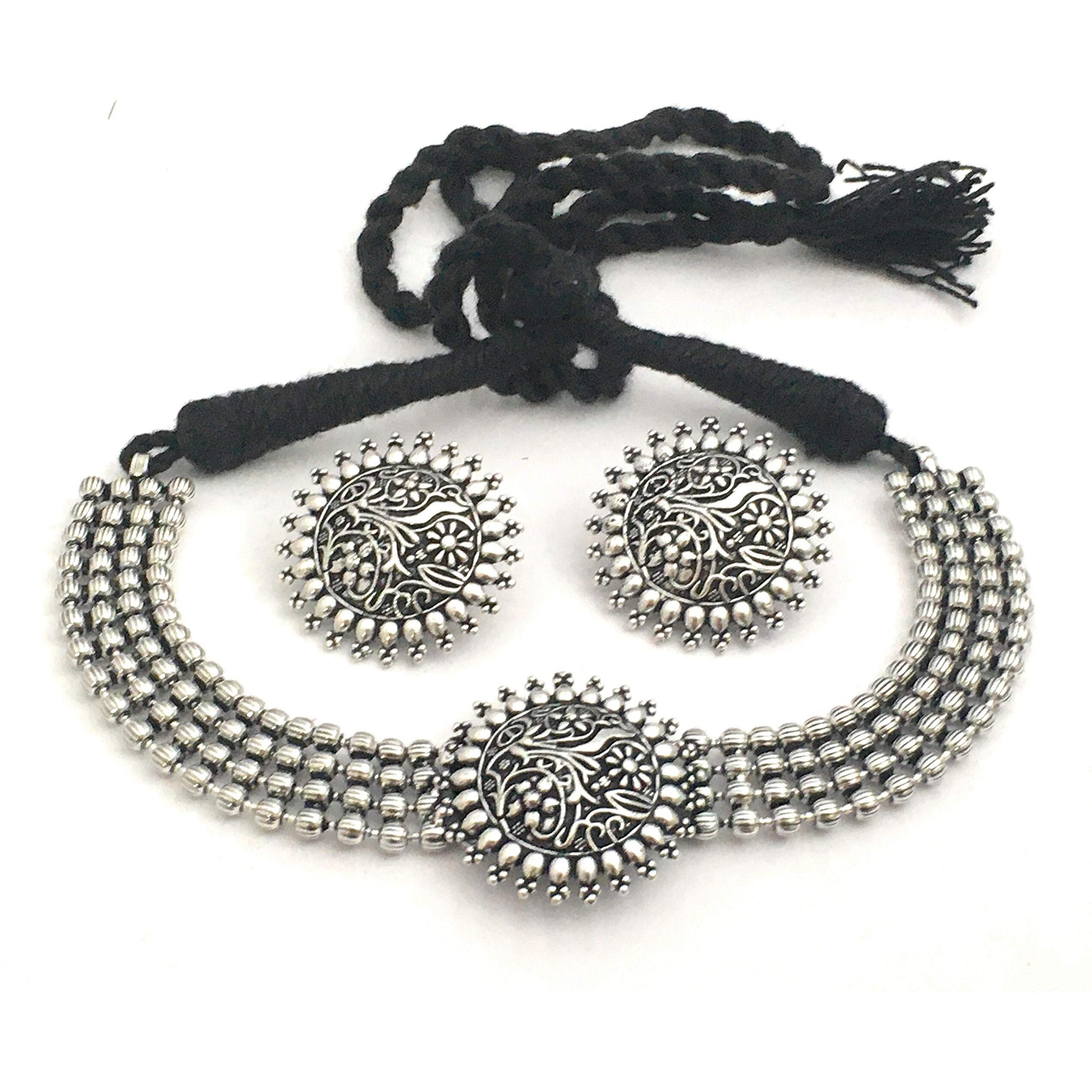 Sasitrends Oxidized German Silver Choker Necklace with Earrings for Women and Girls