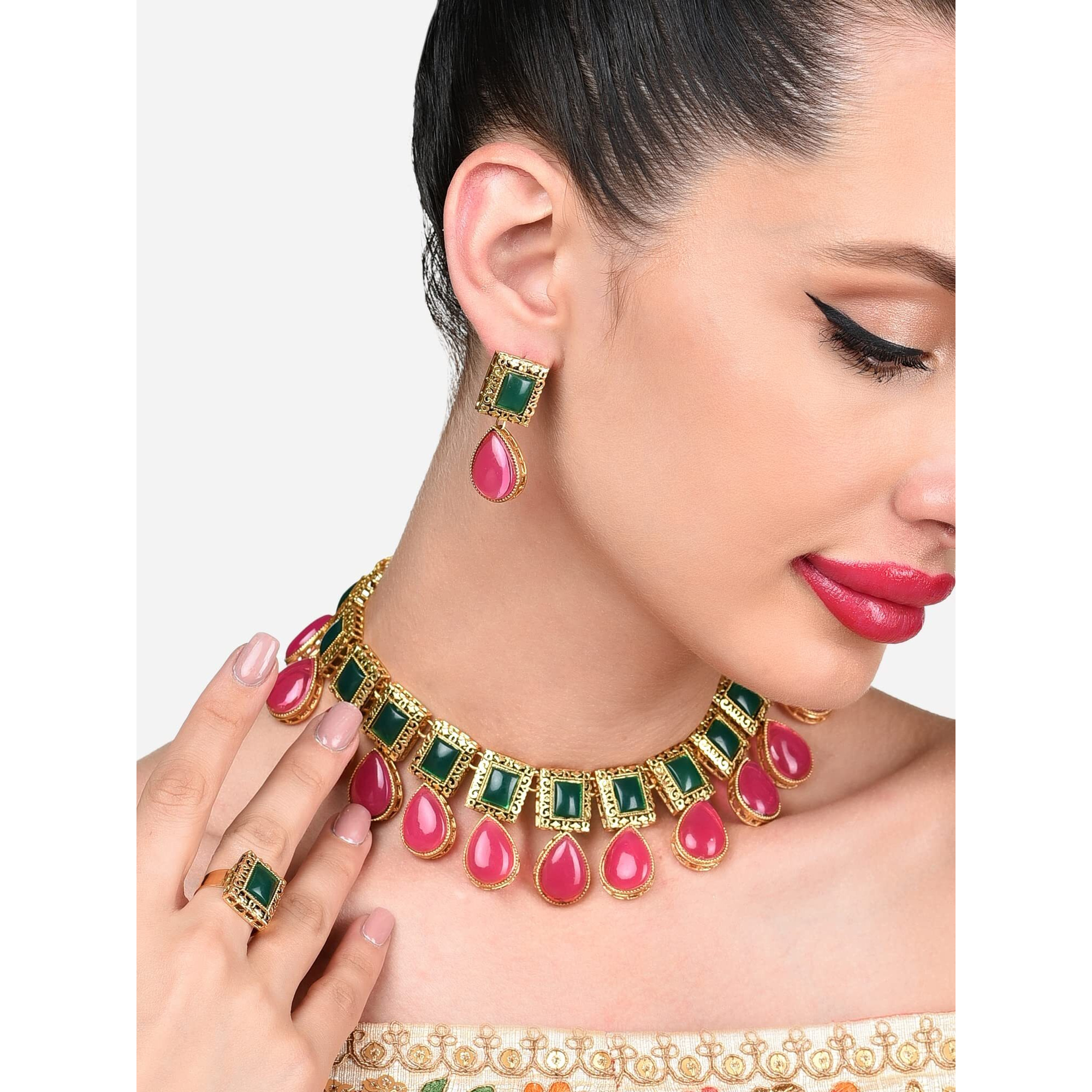 ZAVERI PEARLS Pink & Green Stones Antique Teardrop Necklace Earring & Ring Set For Women-ZPFK15891