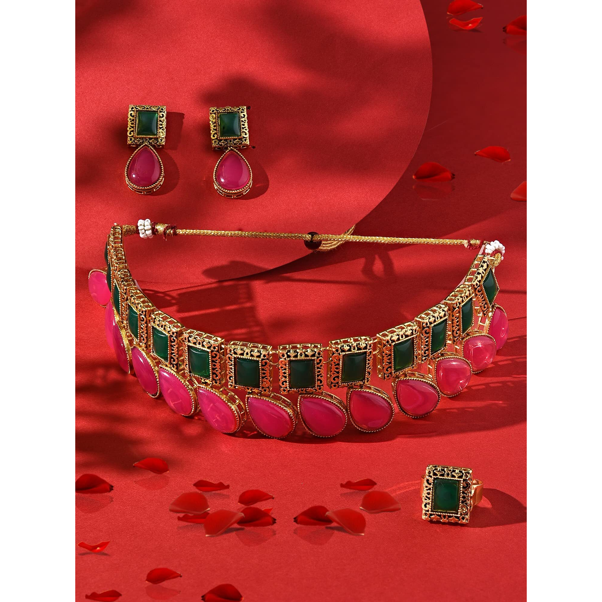 ZAVERI PEARLS Pink & Green Stones Antique Teardrop Necklace Earring & Ring Set For Women-ZPFK15891