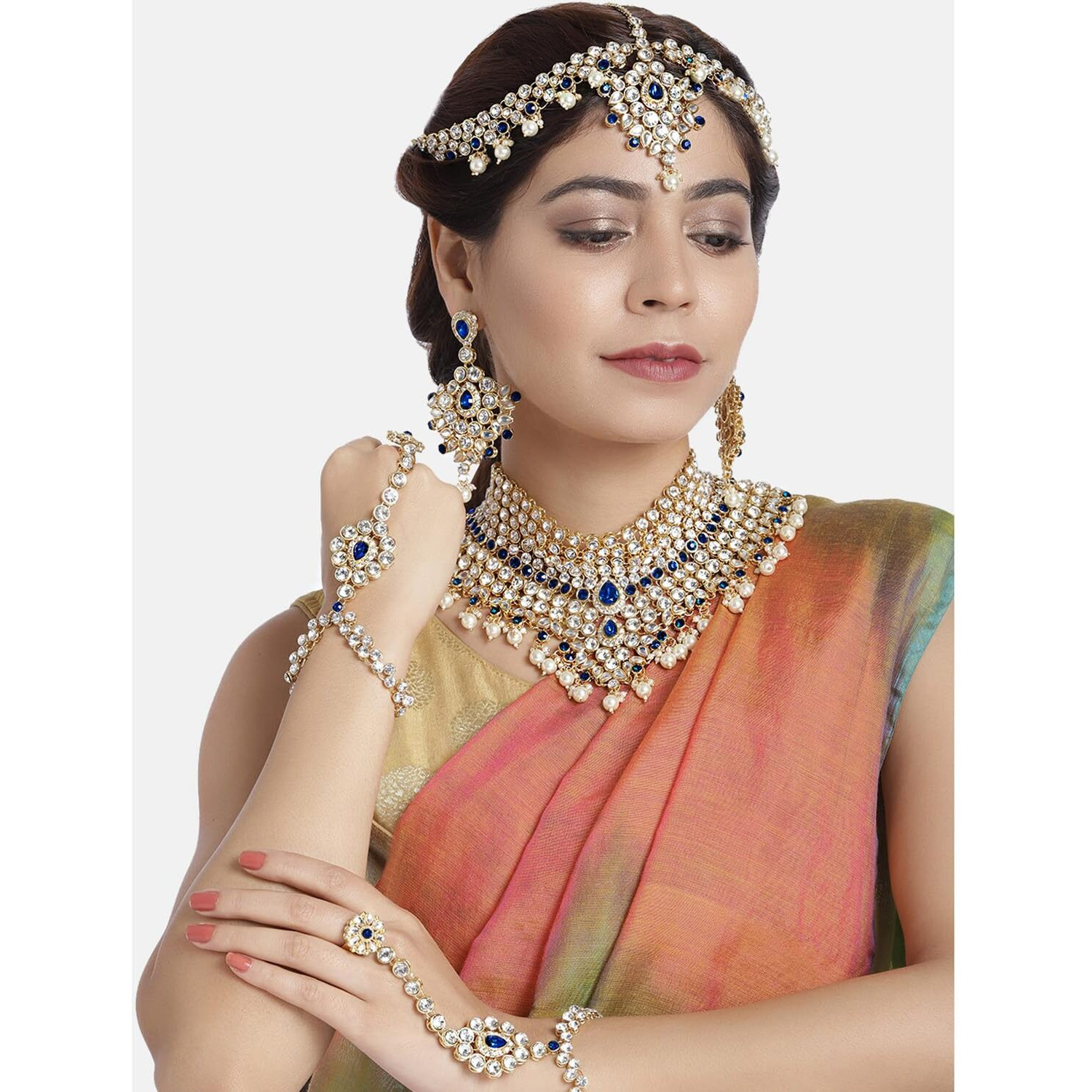 Peora 18K Gold Plated American Diamond Jodha Akbar Bridal Choker Necklace Traditional Jewellery Set for Women Girls