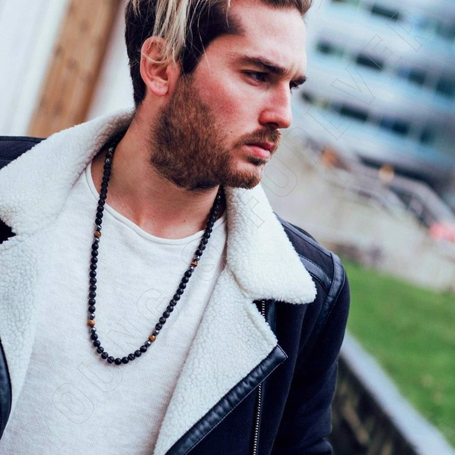 Young & Forever Gift Dvine Spiritual Natural Semi Precious Stone Jewellery Necklace Tiger Eye Onyx Hematite Reiki Men Necklace Buddha Beads and Men Necklace Long