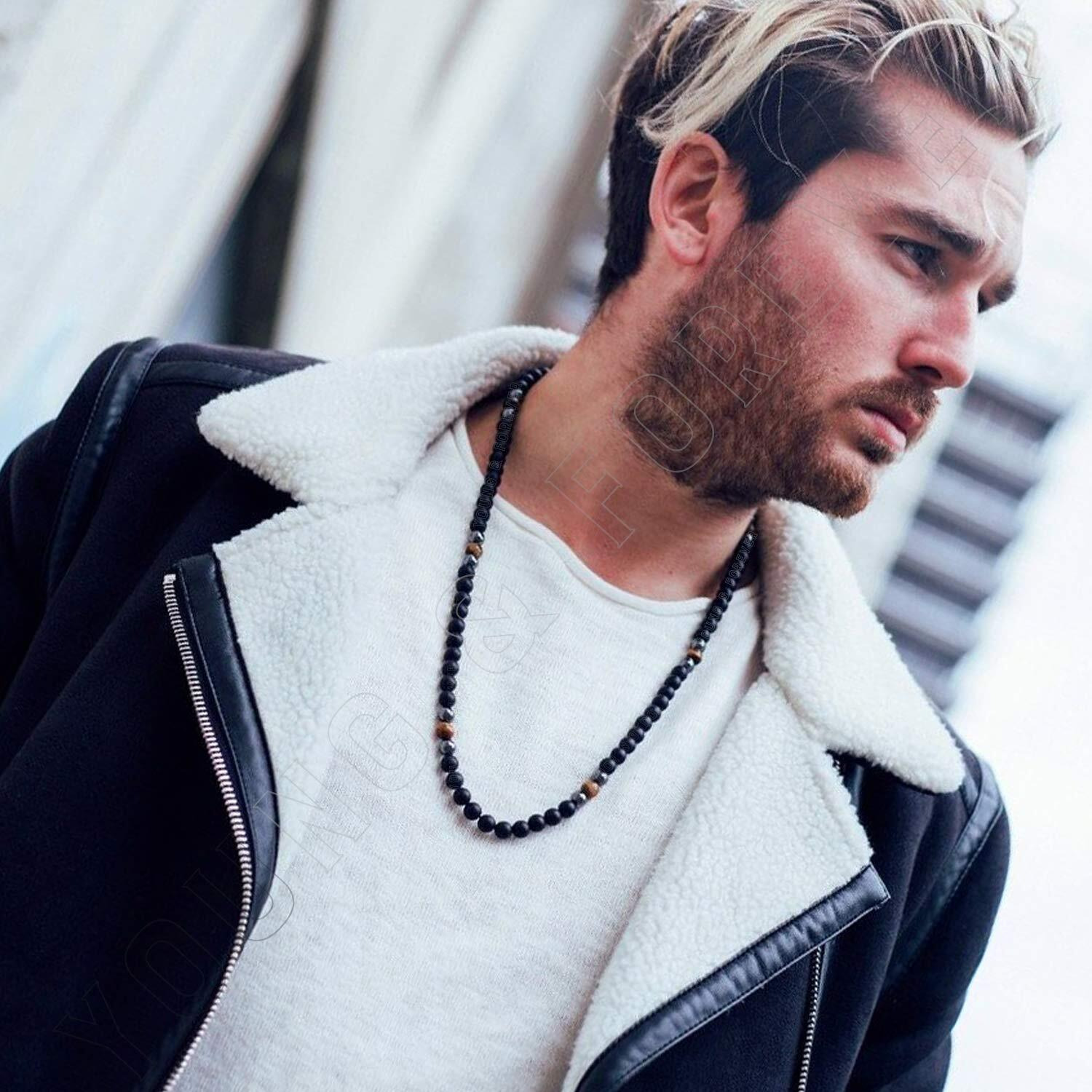 Young & Forever Gift Dvine Spiritual Natural Semi Precious Stone Jewellery Necklace Tiger Eye Onyx Hematite Reiki Men Necklace Buddha Beads and Men Necklace Long