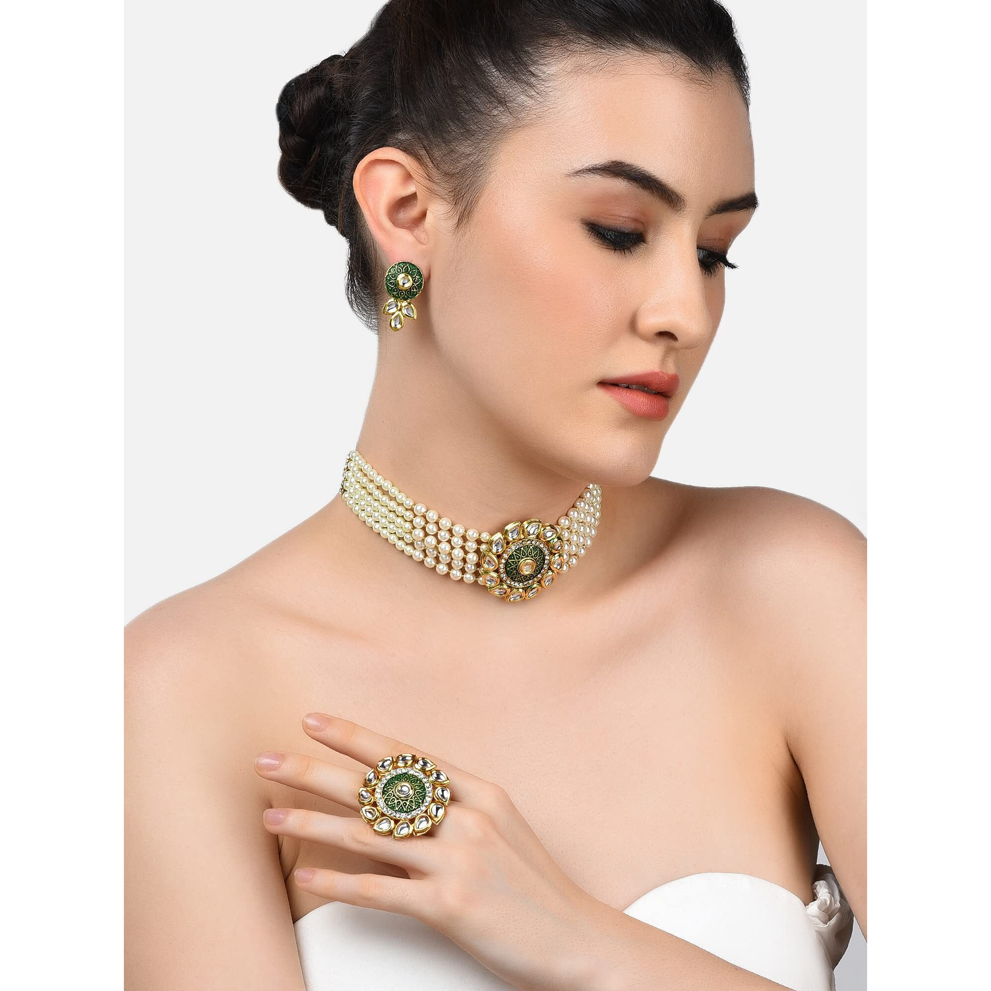 ZAVERI PEARLS Green Enamel Multistrand Kundan Choker Necklace Earring & Ring Set For Women-ZPFK10785