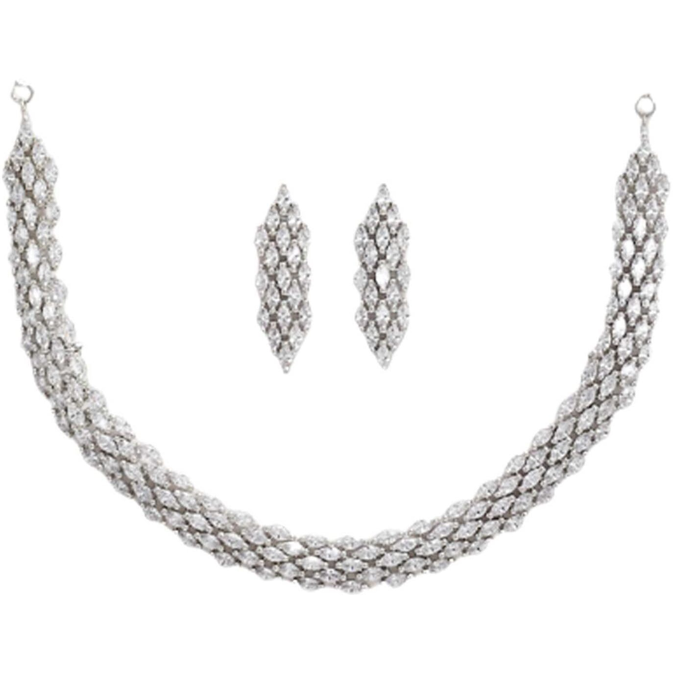 ZENEME Jewellery American Diamond Choker Necklace Set With Earring For Women and Girls (White Rhodium)