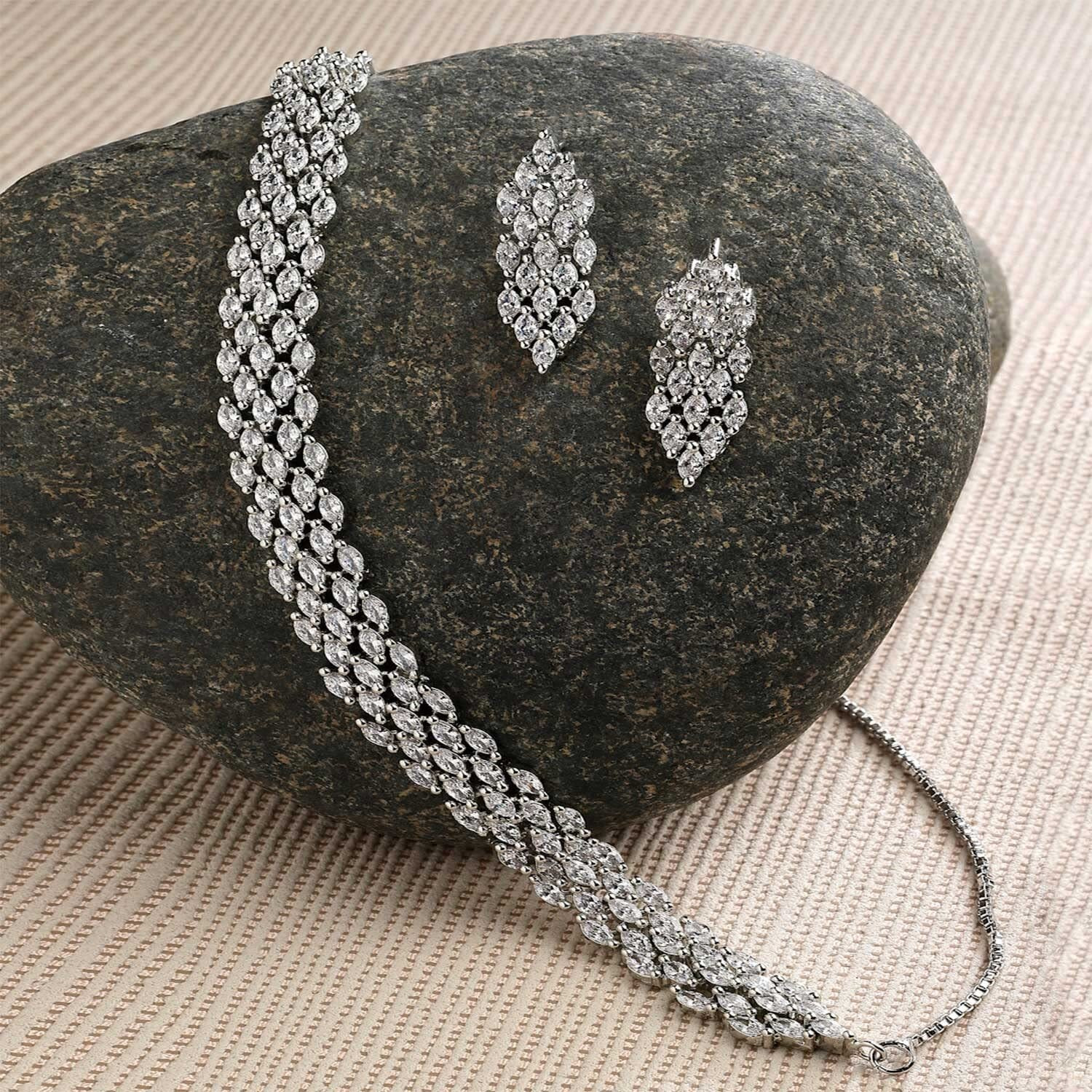 ZENEME Jewellery American Diamond Choker Necklace Set With Earring For Women and Girls (White Rhodium)