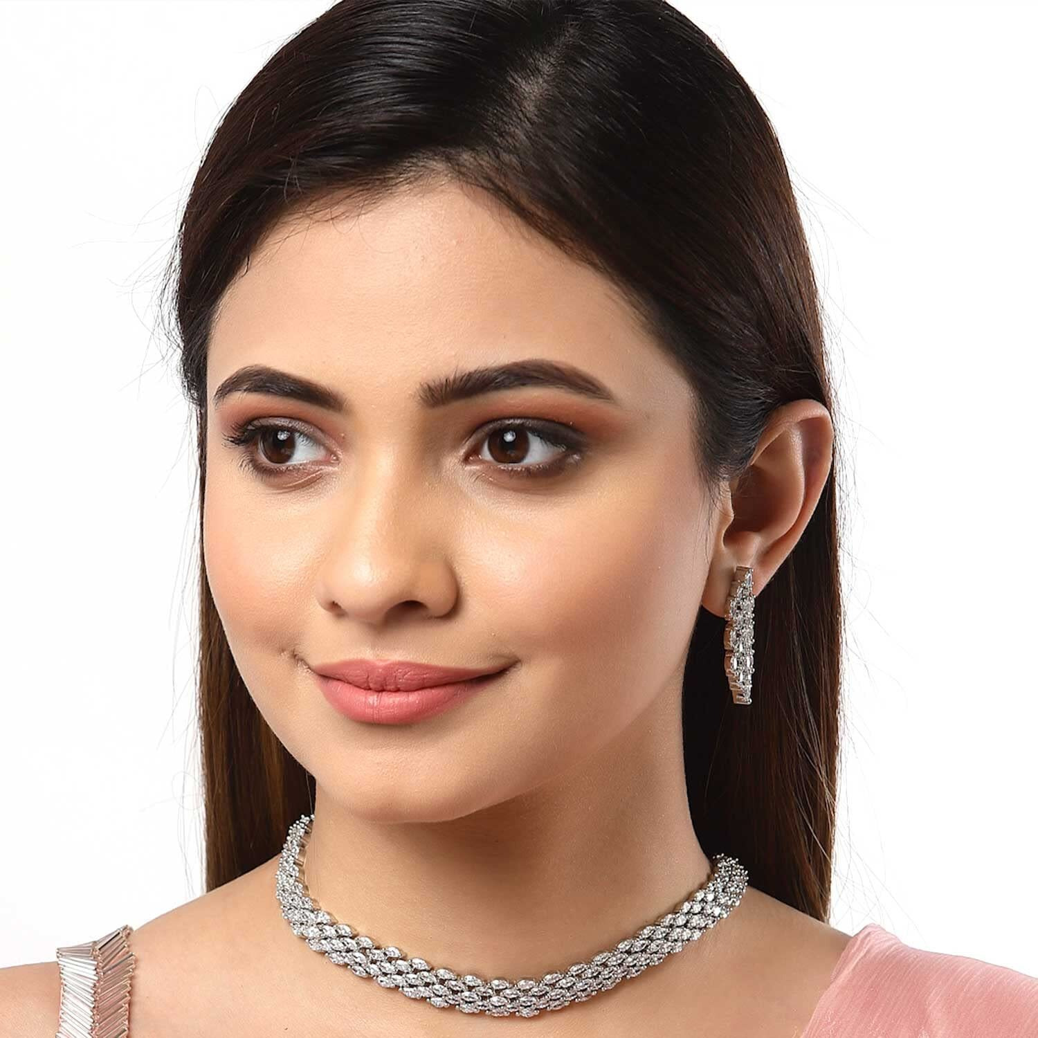 ZENEME Jewellery American Diamond Choker Necklace Set With Earring For Women and Girls (White Rhodium)