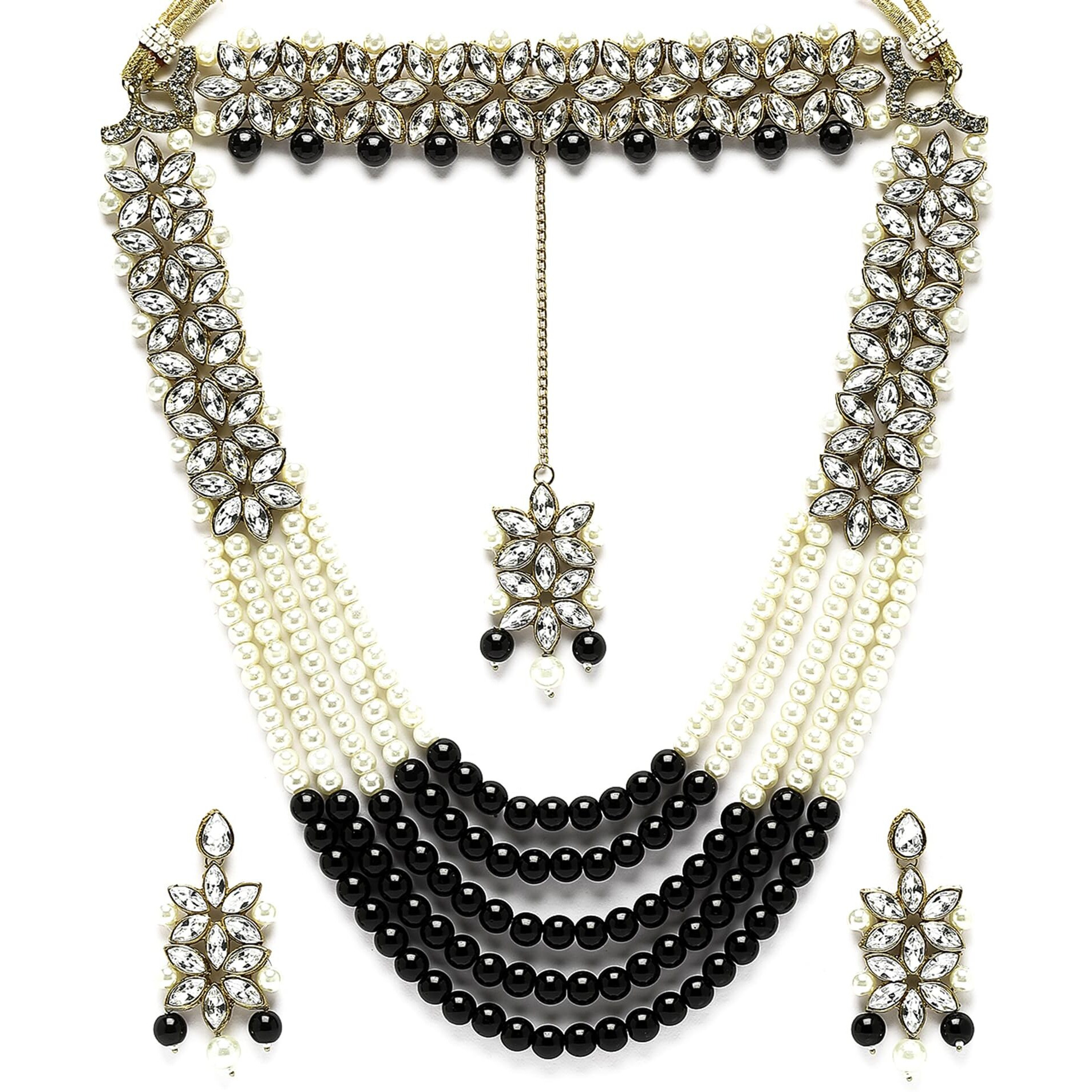 ZENEME Jewellery Sets for Women Gold Plated Bridal Long Necklace Set Neck Choker with Earrings and Maang Tikka for Women & Girls (Green & White)