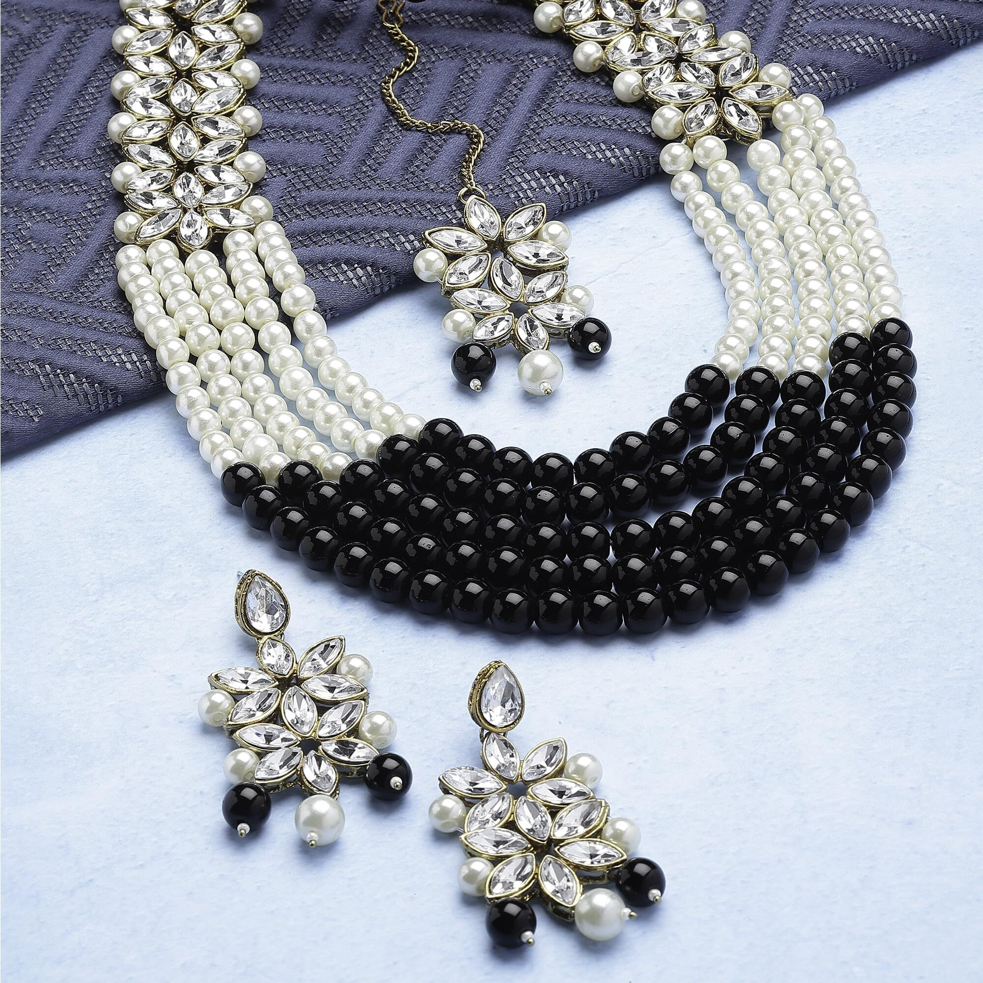 ZENEME Jewellery Sets for Women Gold Plated Bridal Long Necklace Set Neck Choker with Earrings and Maang Tikka for Women & Girls (Green & White)