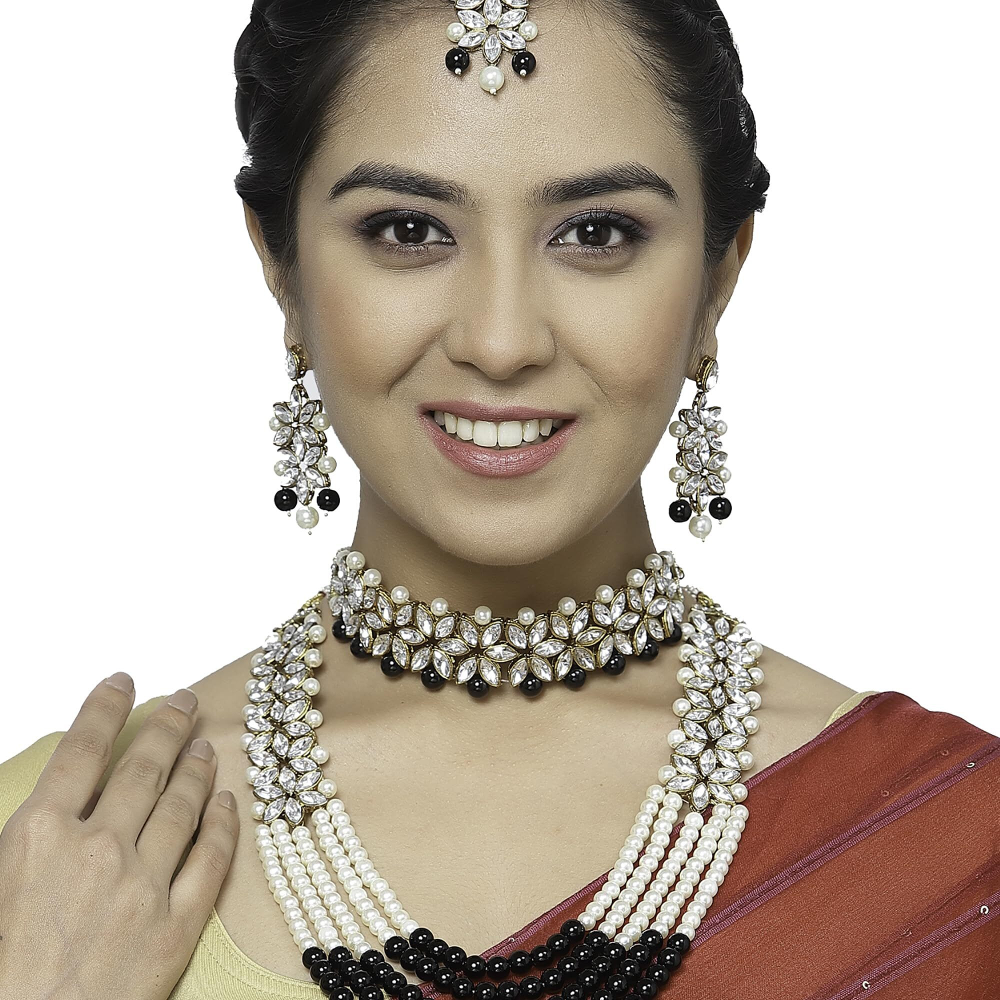 ZENEME Jewellery Sets for Women Gold Plated Bridal Long Necklace Set Neck Choker with Earrings and Maang Tikka for Women & Girls (Green & White)