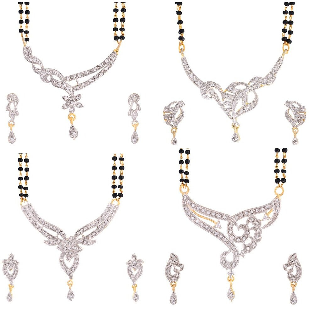 ZENEME White American Diamond Combo Of 4 Mangalsutra With Earrings Set For Women (Design-3)