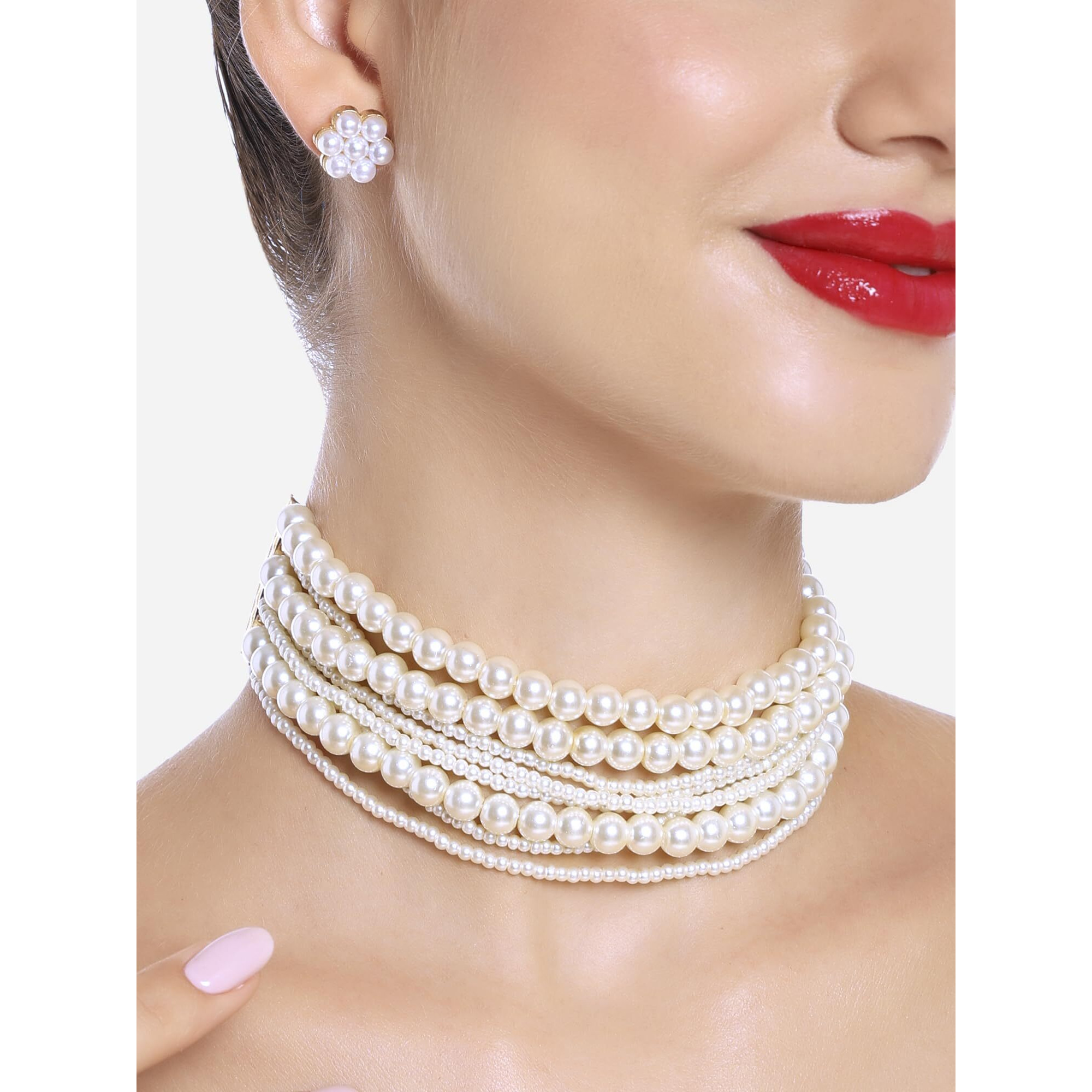 ZAVERI PEARLS White Pearls Multistrand Beaded Choker Necklace & Earring Set For Women-ZPFK16723