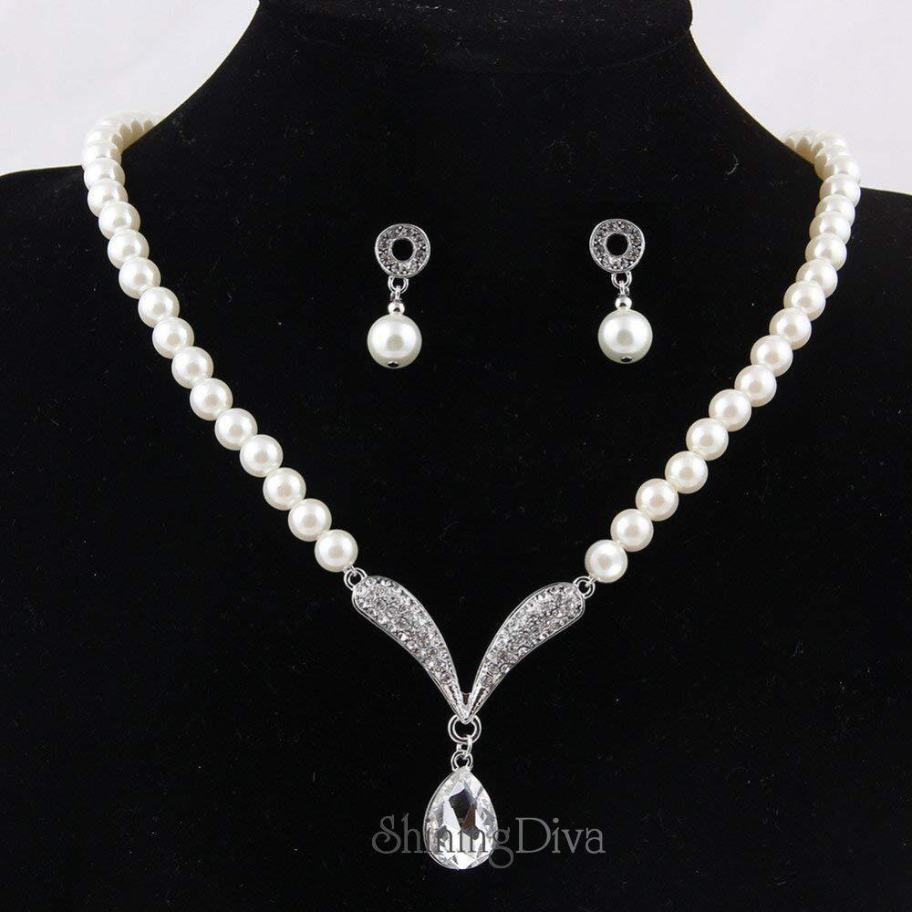 Shining Diva Fashion Crystal Pearl Necklace Set For Women/Jewellery Set with Earrings for Women & Girls(White)(rrsd8494s)