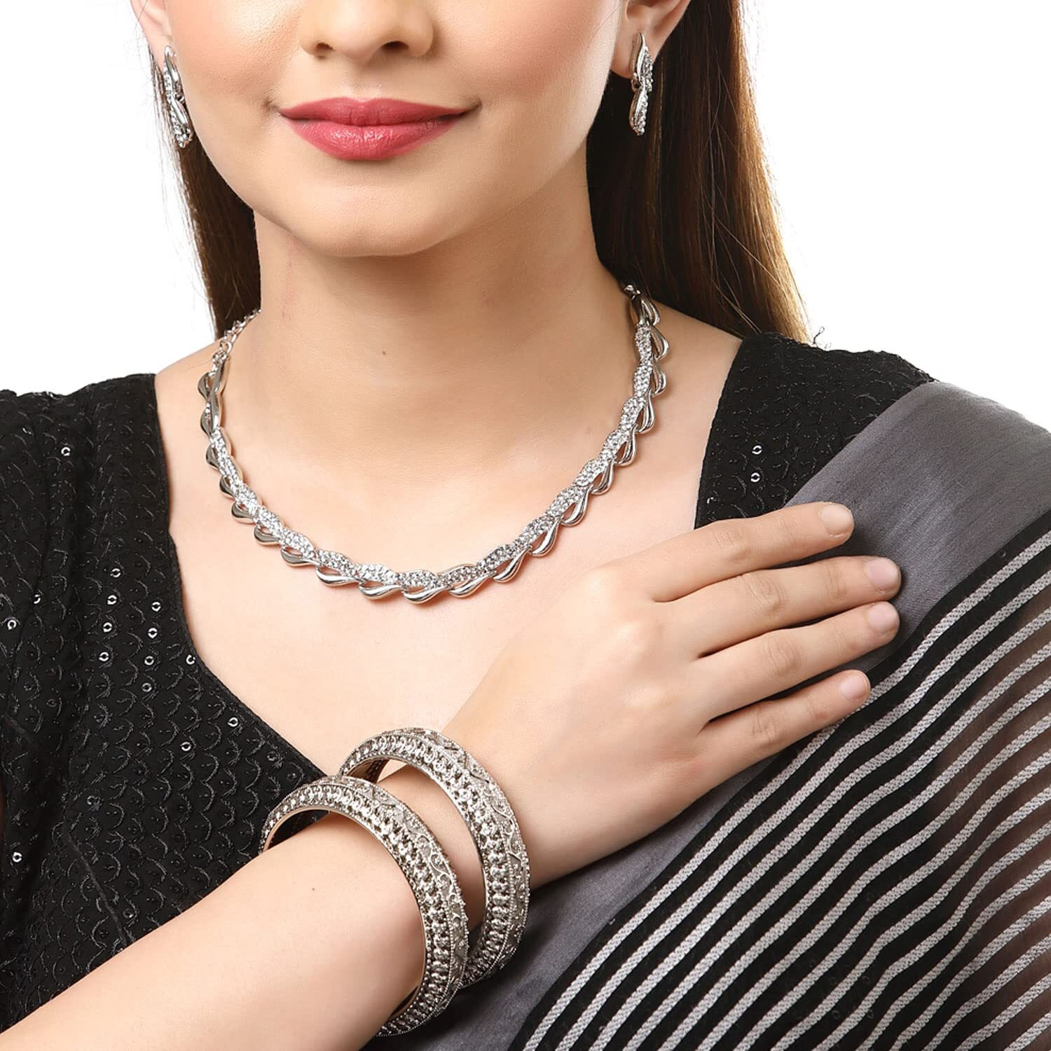 ZENEME Zenme Stylish Oxidised Silver Traditional Necklace Set With Earring Jewellery Set For Women and Girls (2.6)