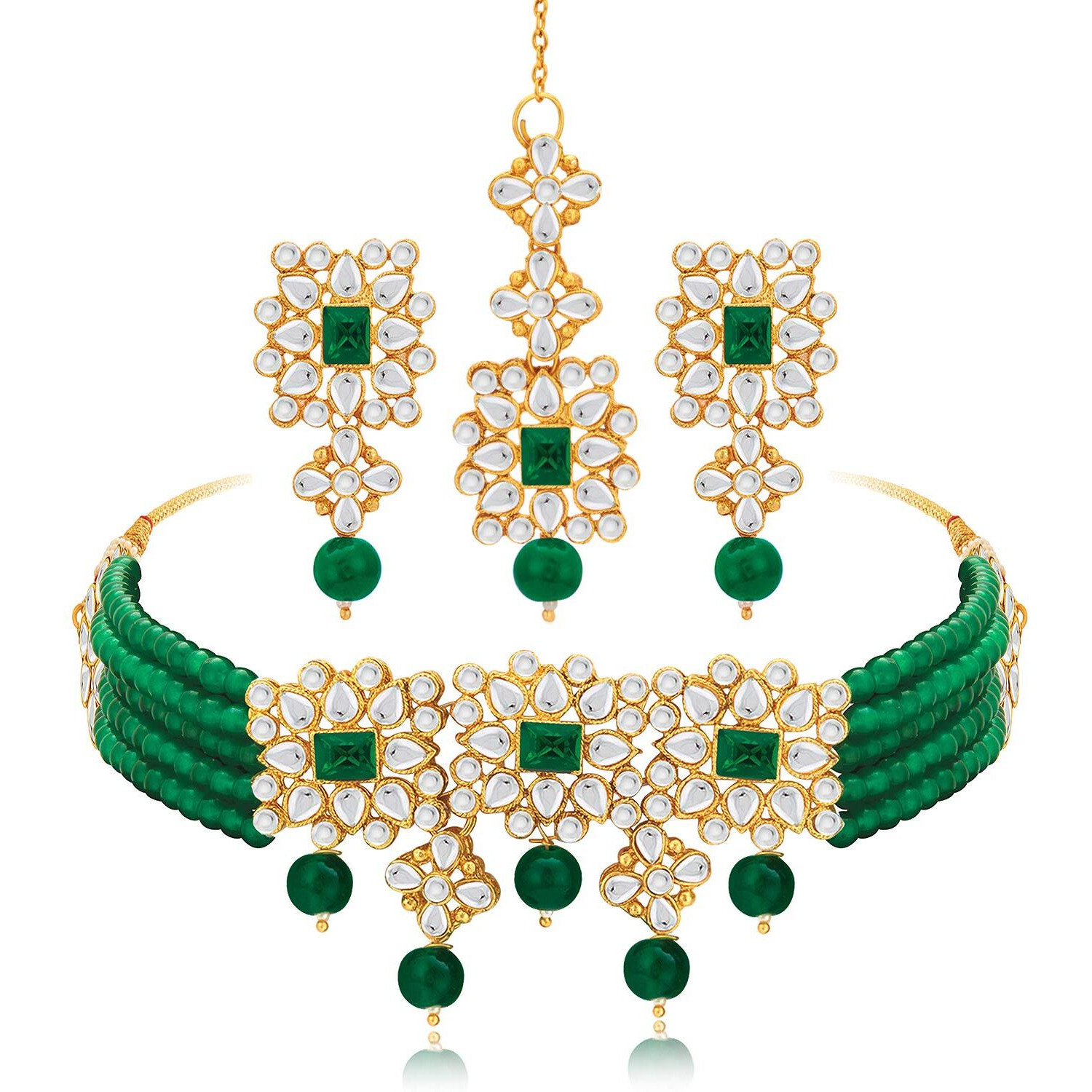 Peora Gold Plated Pearl Beaded Adjustable Choker Necklace with Earring Maang Tikka Jewellery Set For Women & Girl