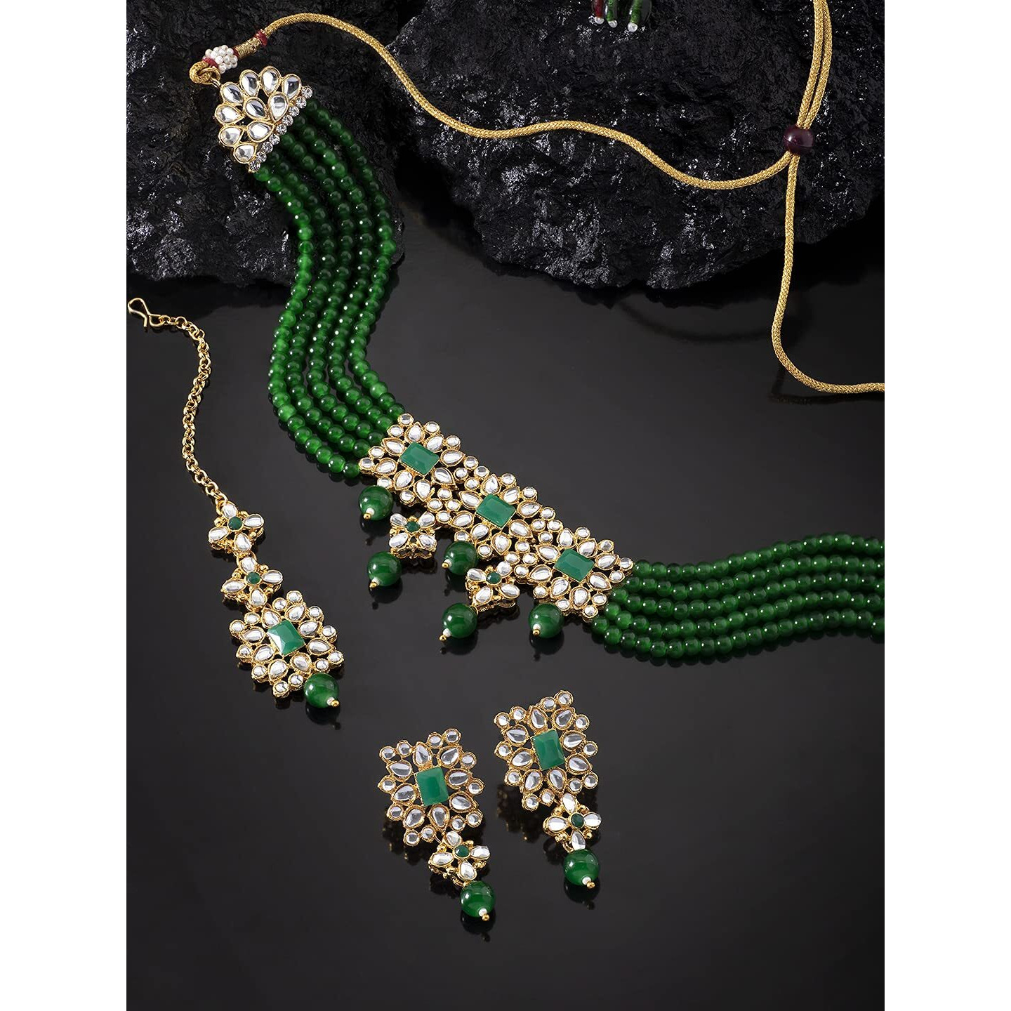 Peora Gold Plated Pearl Beaded Adjustable Choker Necklace with Earring Maang Tikka Jewellery Set For Women & Girl