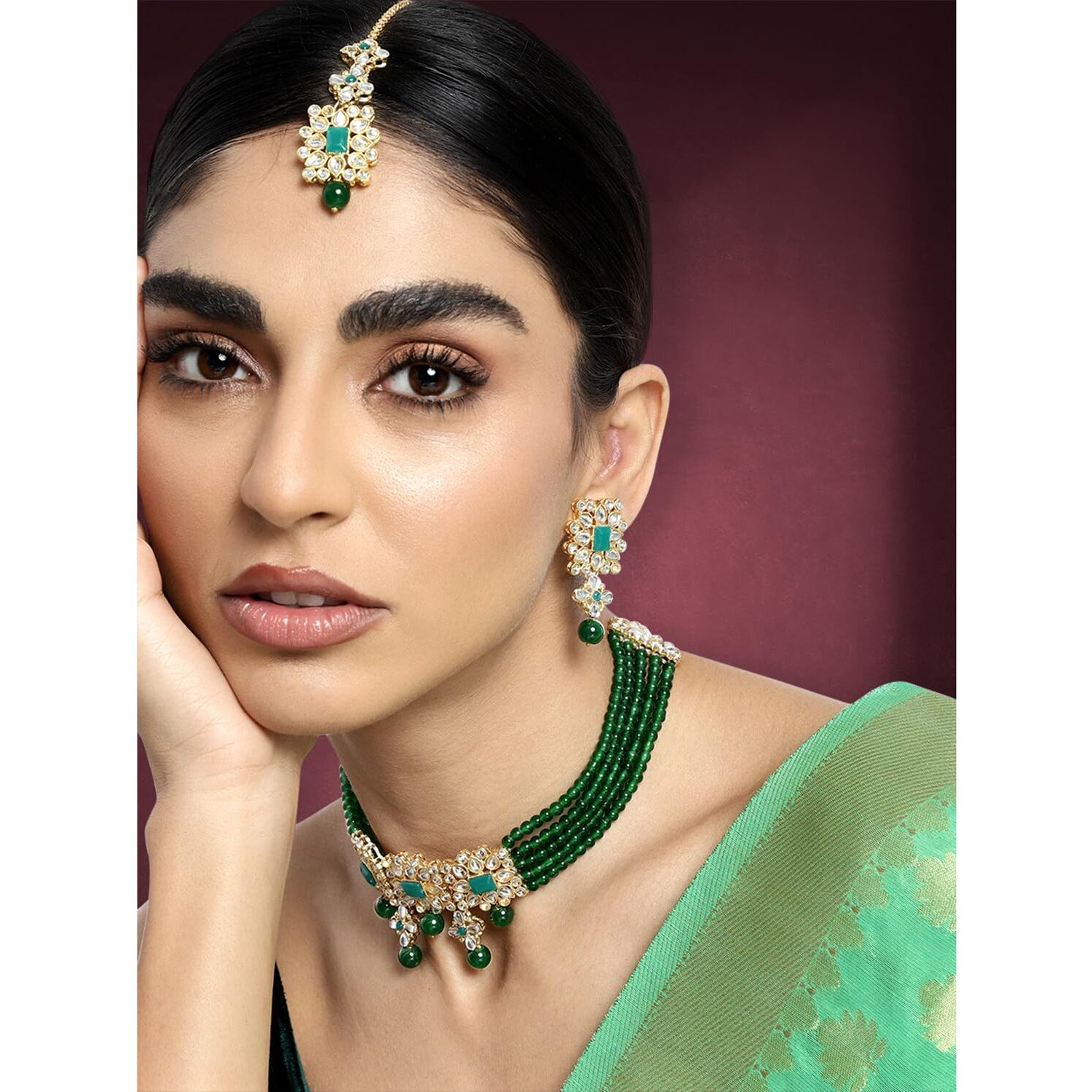 Peora Gold Plated Pearl Beaded Adjustable Choker Necklace with Earring Maang Tikka Jewellery Set For Women & Girl