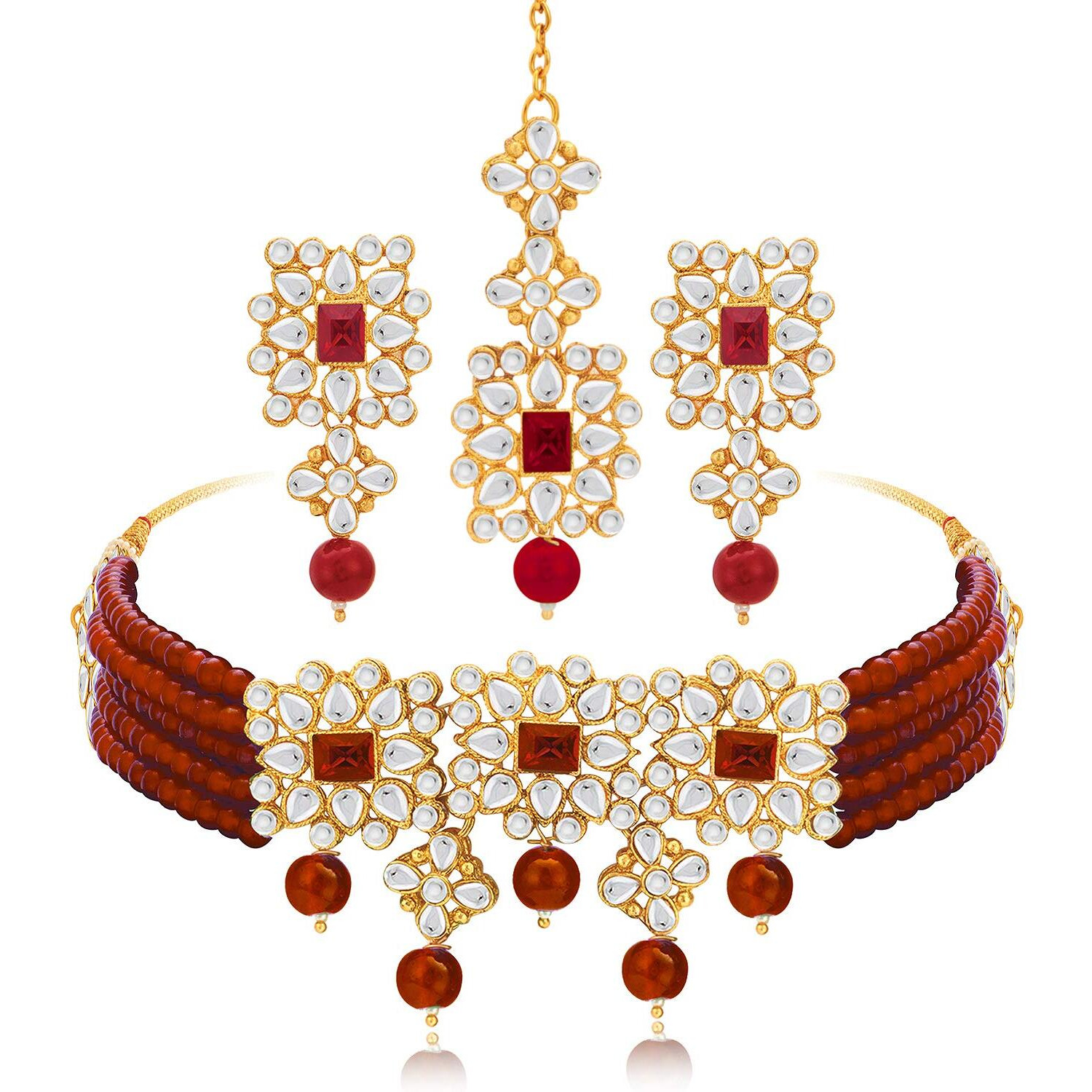 Peora Gold Plated Pearl Beaded Adjustable Choker Necklace with Earring Maang Tikka Jewellery Set For Women