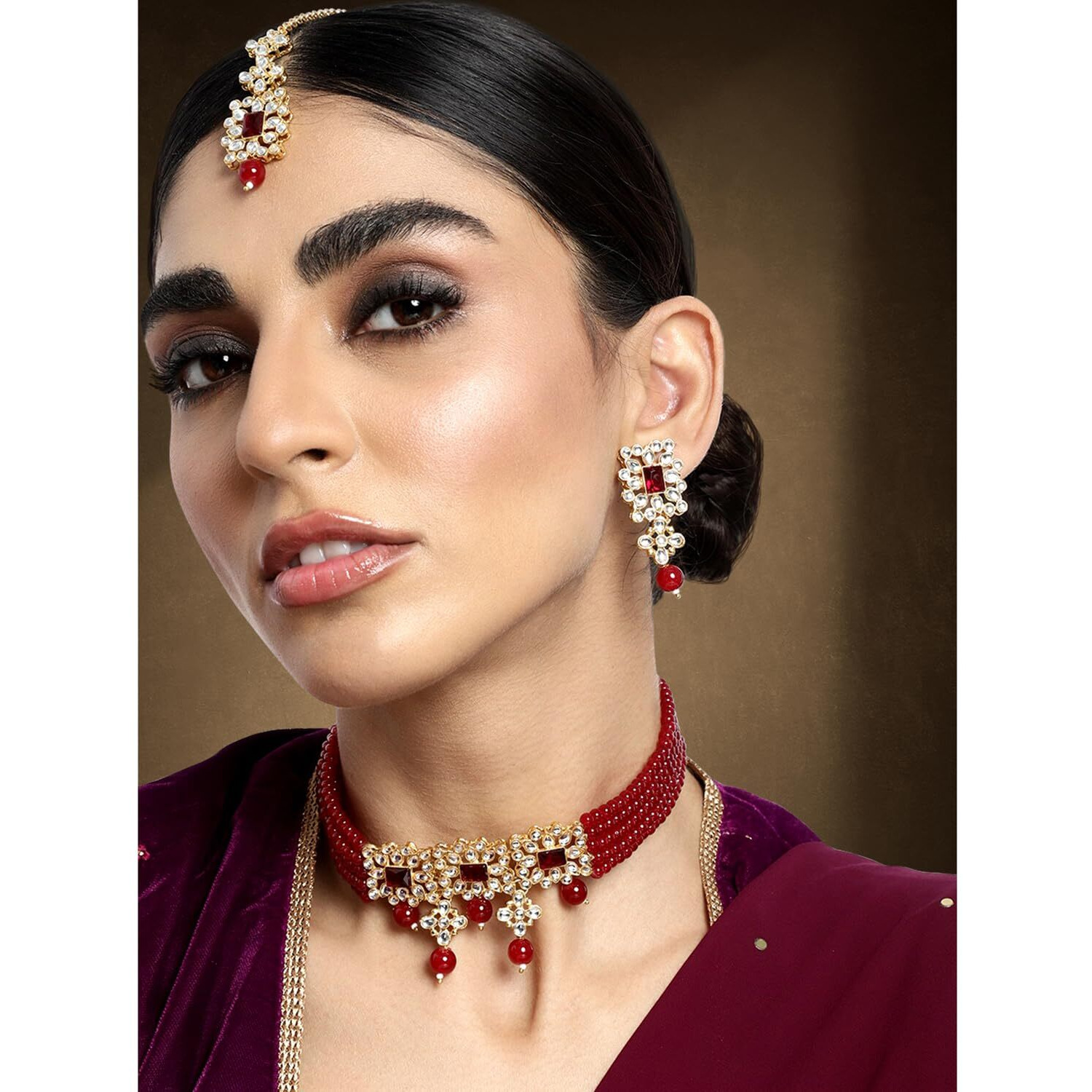 Peora Gold Plated Pearl Beaded Adjustable Choker Necklace with Earring Maang Tikka Jewellery Set For Women