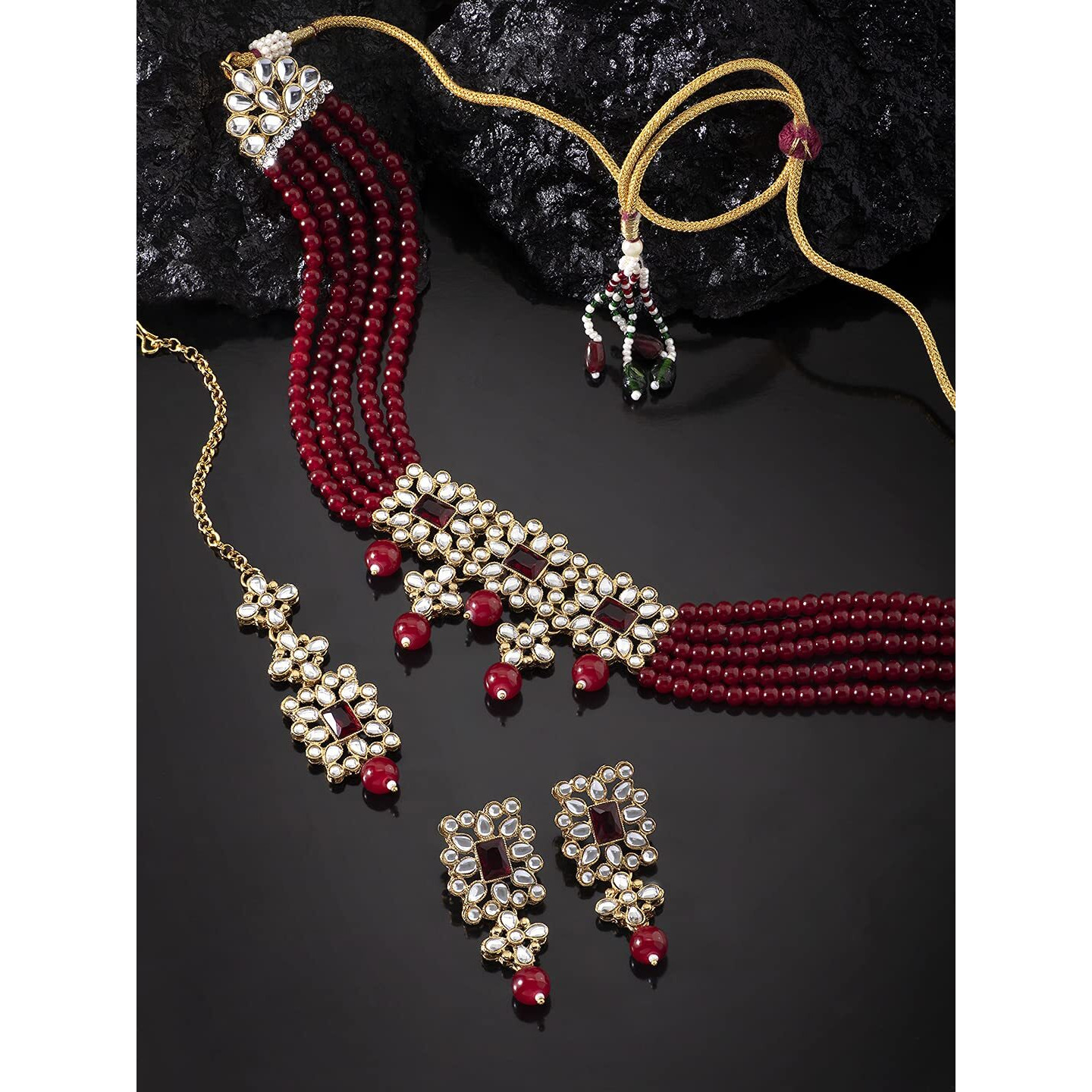 Peora Gold Plated Pearl Beaded Adjustable Choker Necklace with Earring Maang Tikka Jewellery Set For Women