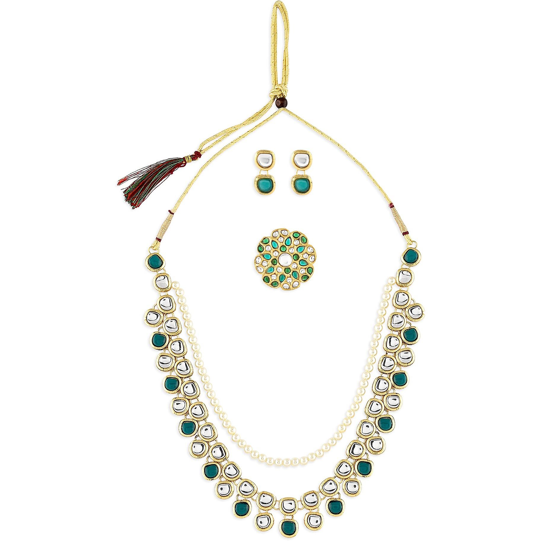 ZAVERI PEARLS Green Kundan Multi Layers Necklace Earring & Ring Set For Women-ZPFK10778
