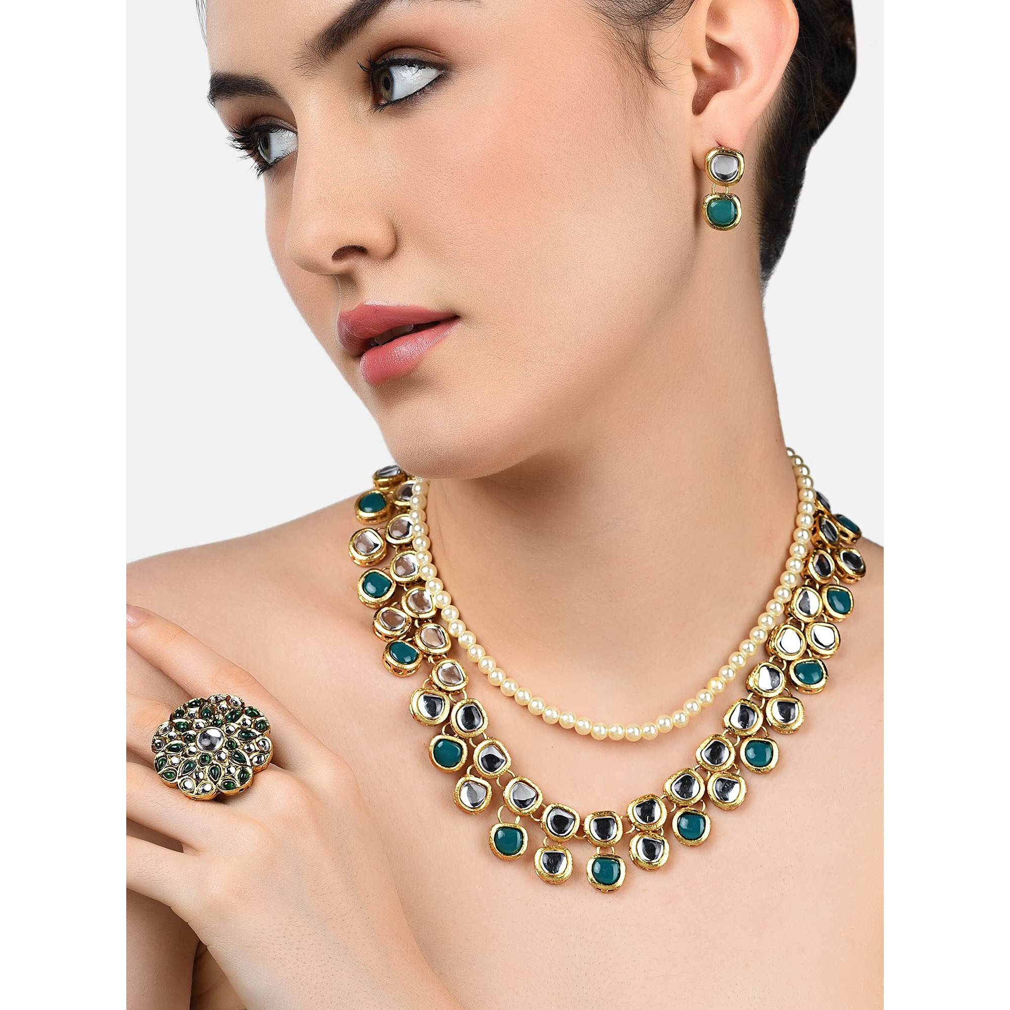 ZAVERI PEARLS Green Kundan Multi Layers Necklace Earring & Ring Set For Women-ZPFK10778