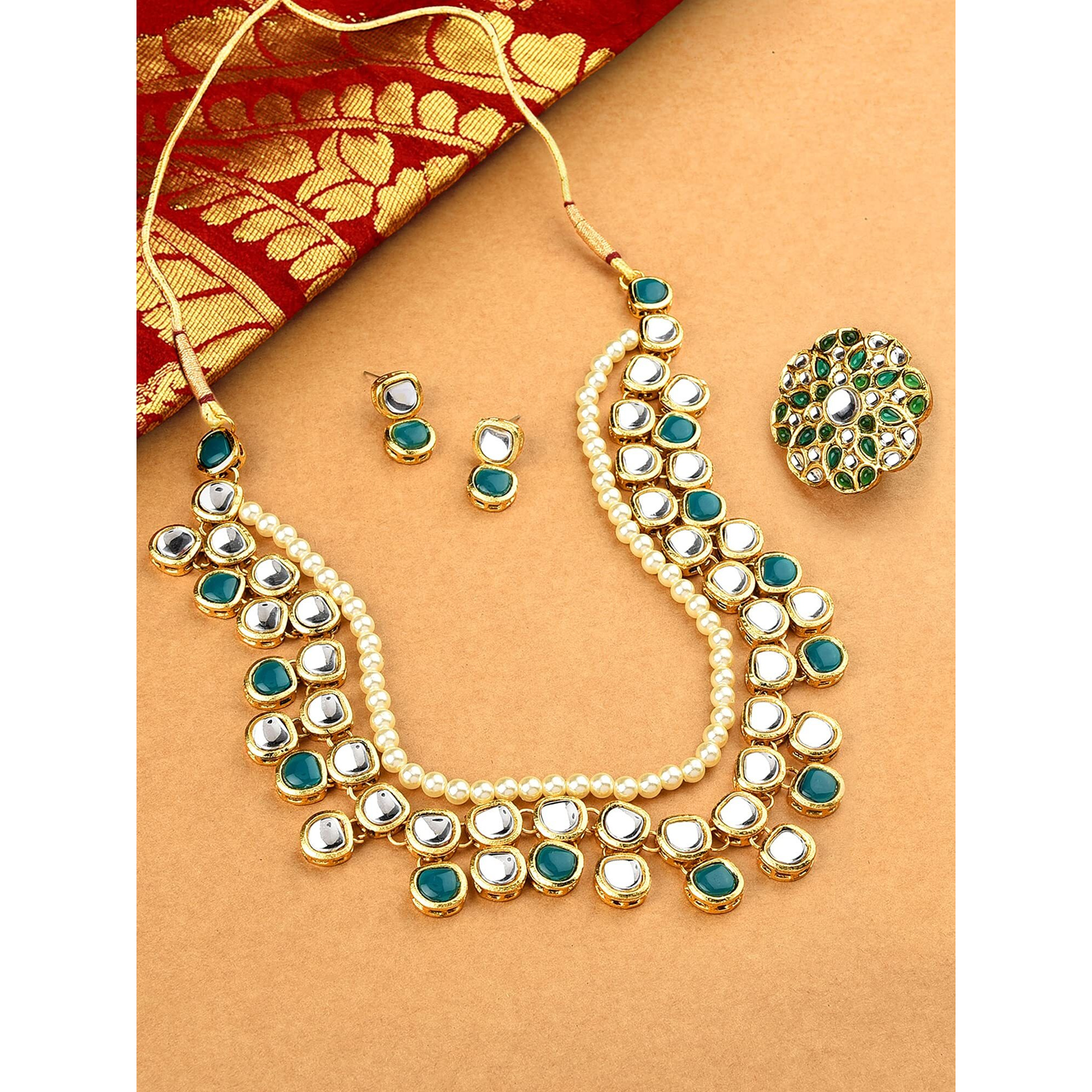 ZAVERI PEARLS Green Kundan Multi Layers Necklace Earring & Ring Set For Women-ZPFK10778