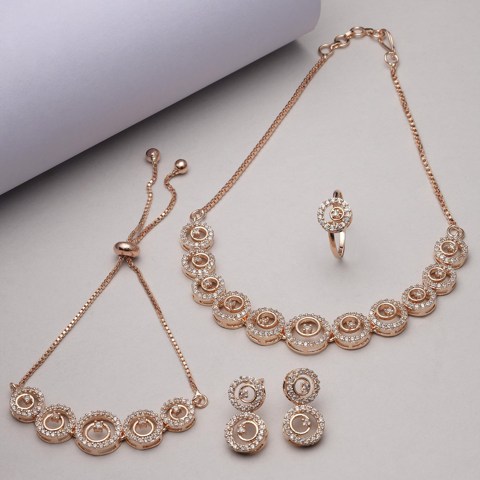 ZENEME Fashion Cubic Zirconia Gold Plated Choker Necklace Set Ring Bracelet With Earring Jewellery For Women Pack Of 4 (Rose Gold)