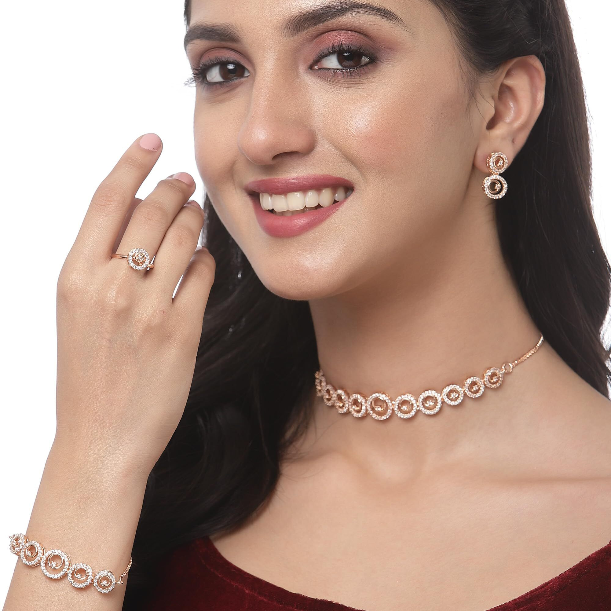 ZENEME Fashion Cubic Zirconia Gold Plated Choker Necklace Set Ring Bracelet With Earring Jewellery For Women Pack Of 4 (Rose Gold)