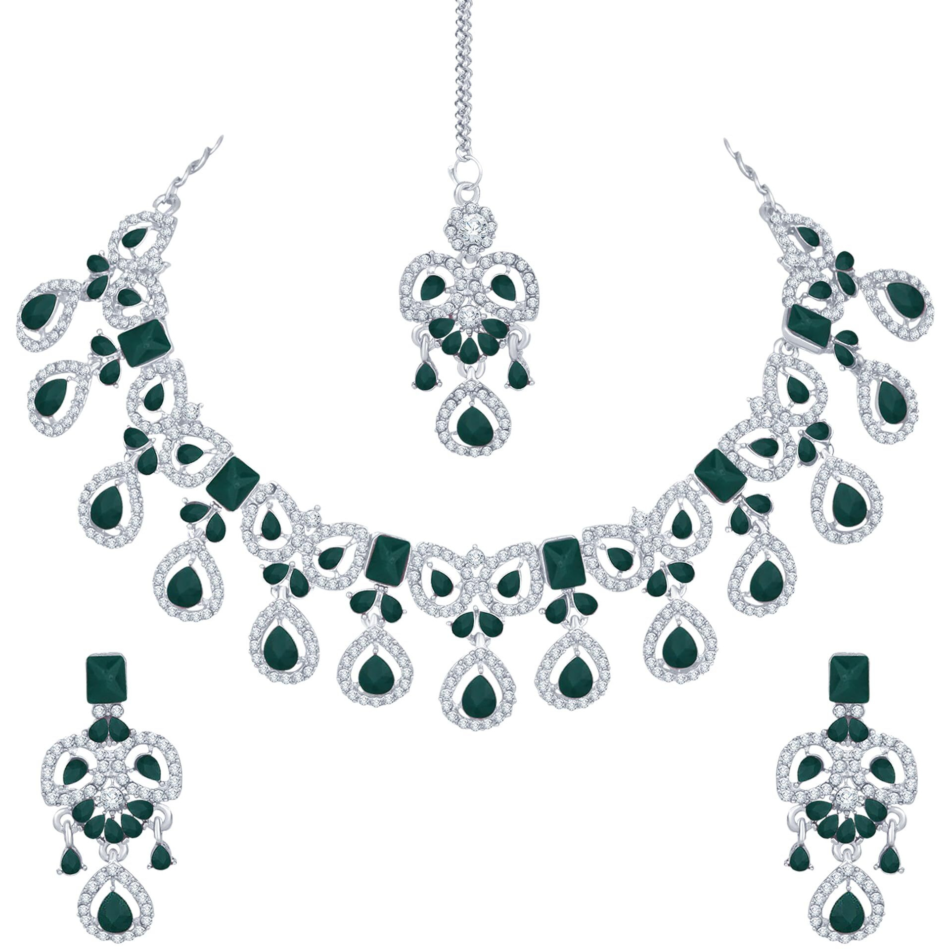 Atasi International Silver Plated Green Crystal Diamond Necklace with Earrings and Maang Tikka for Women - Jewellery Set for Party, Wedding, Engagement (RDG5745)