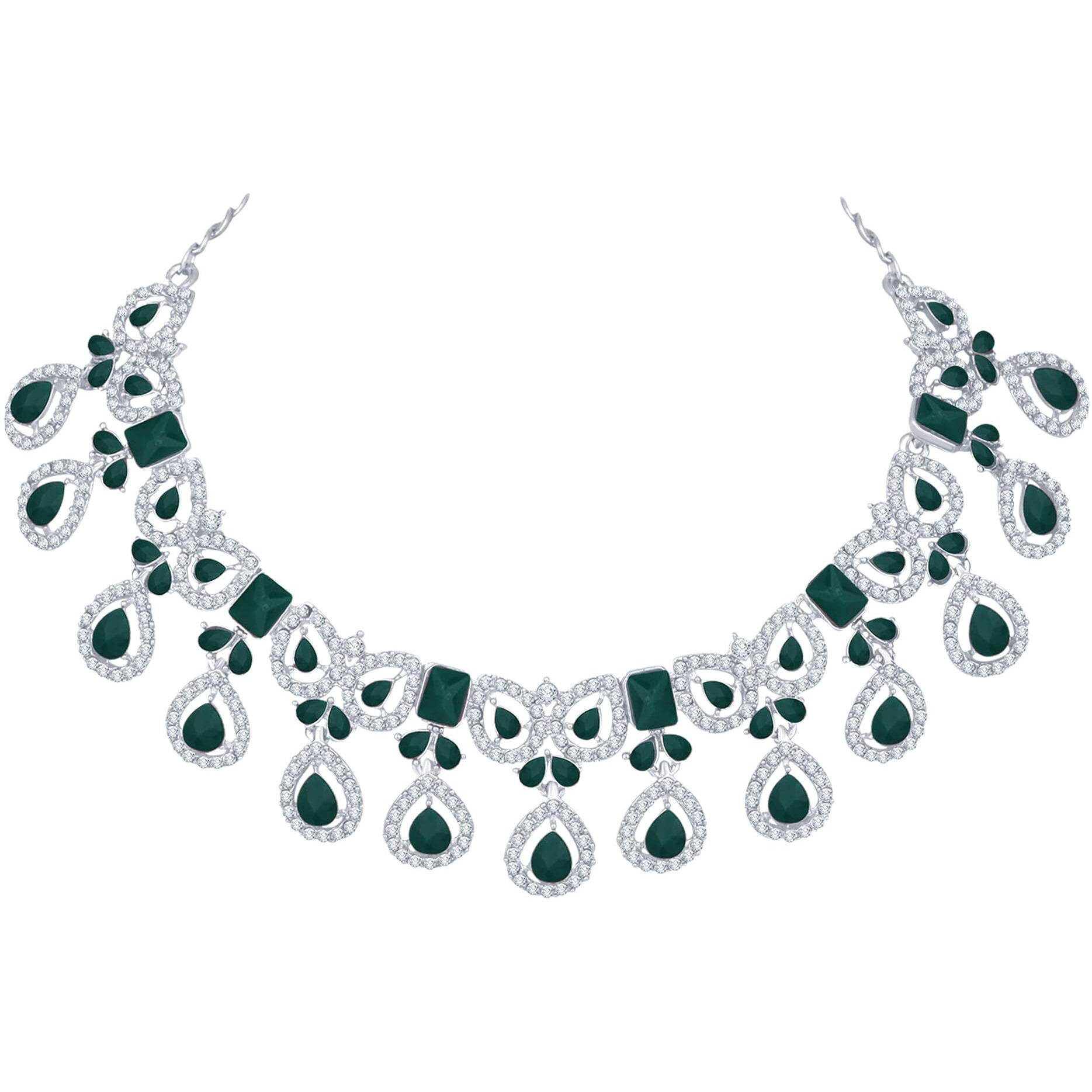 Atasi International Silver Plated Green Crystal Diamond Necklace with Earrings and Maang Tikka for Women - Jewellery Set for Party, Wedding, Engagement (RDG5745)