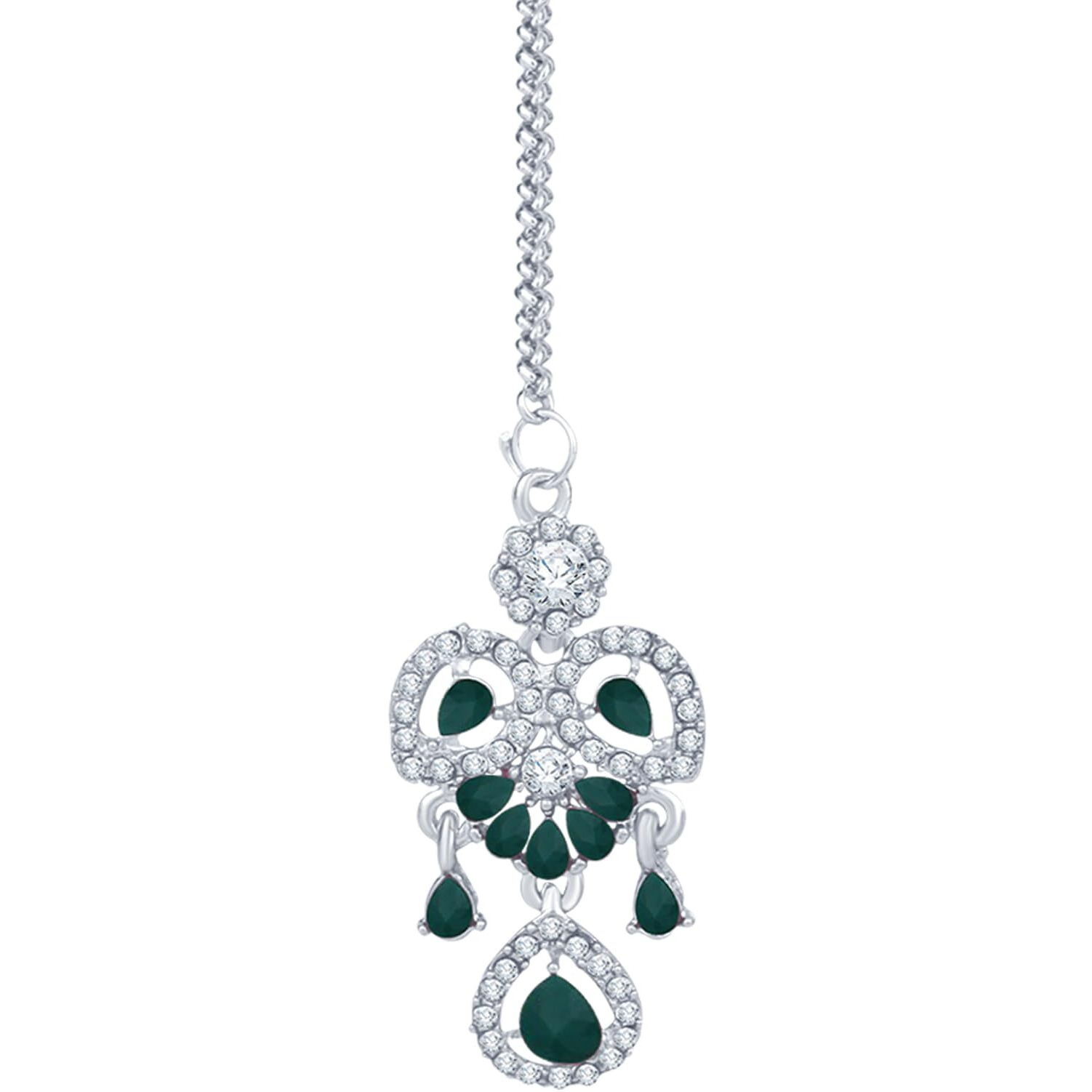 Atasi International Silver Plated Green Crystal Diamond Necklace with Earrings and Maang Tikka for Women - Jewellery Set for Party, Wedding, Engagement (RDG5745)
