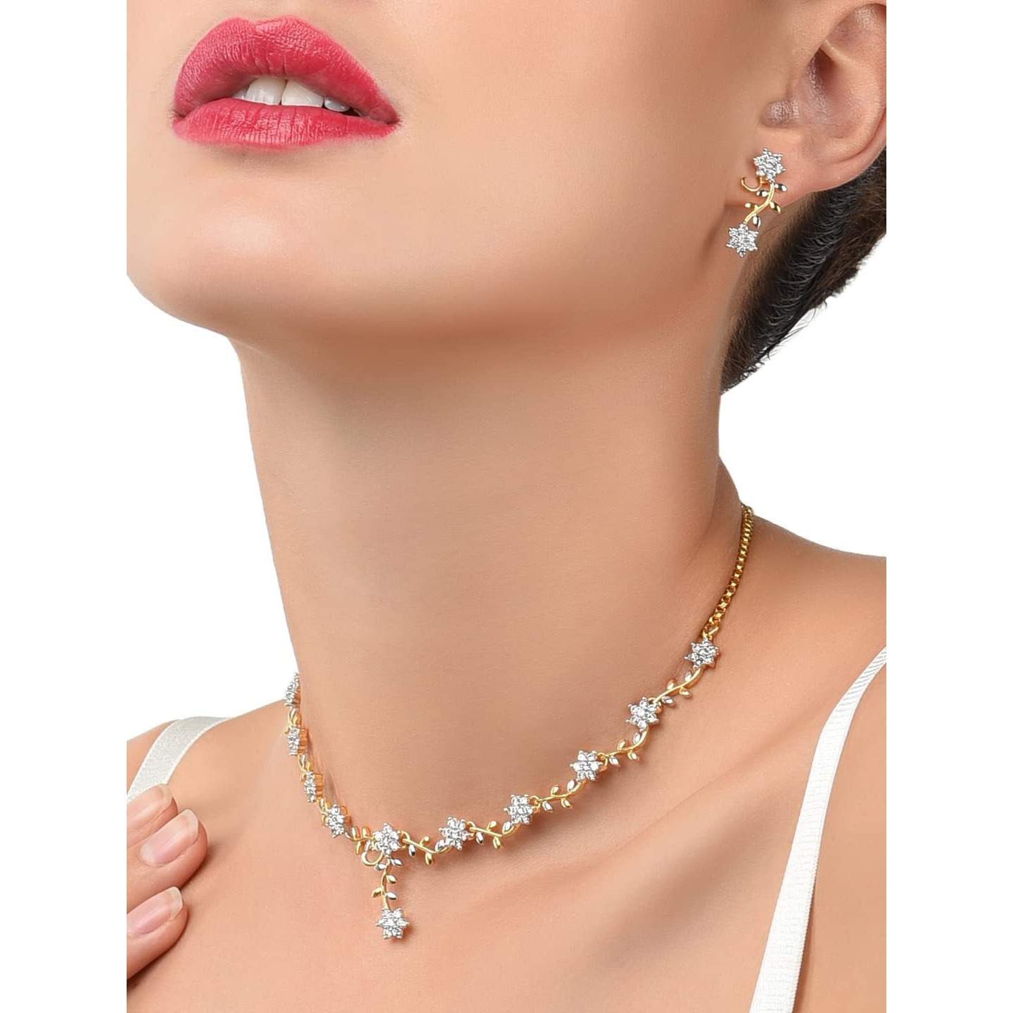 ZAVERI PEARLS Sparkling CZ Diamond with Leafy Design Necklace Set For Women - ZPFK5425