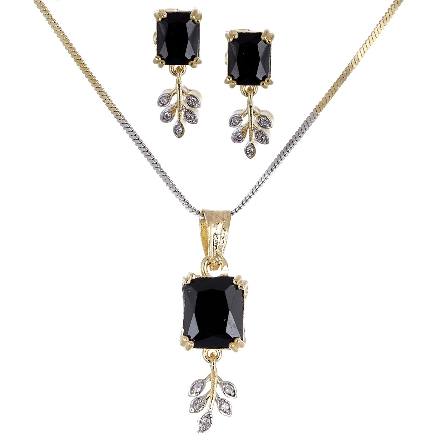 ZENEME Pendant Gold Plated Emerald Shaped Black CZ Stone Drop Leaf Big Size Pendant Necklace Set With Earring Jewellery For Girl & Women(Black)