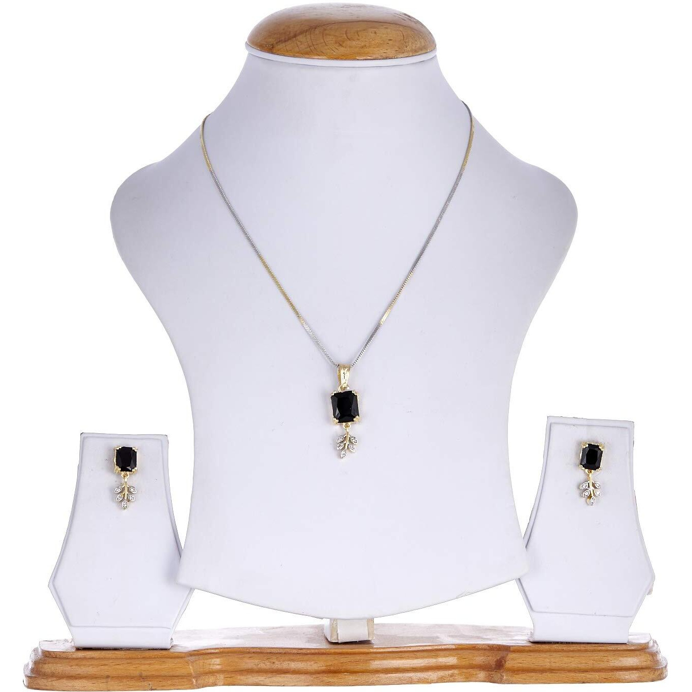ZENEME Pendant Gold Plated Emerald Shaped Black CZ Stone Drop Leaf Big Size Pendant Necklace Set With Earring Jewellery For Girl & Women(Black)