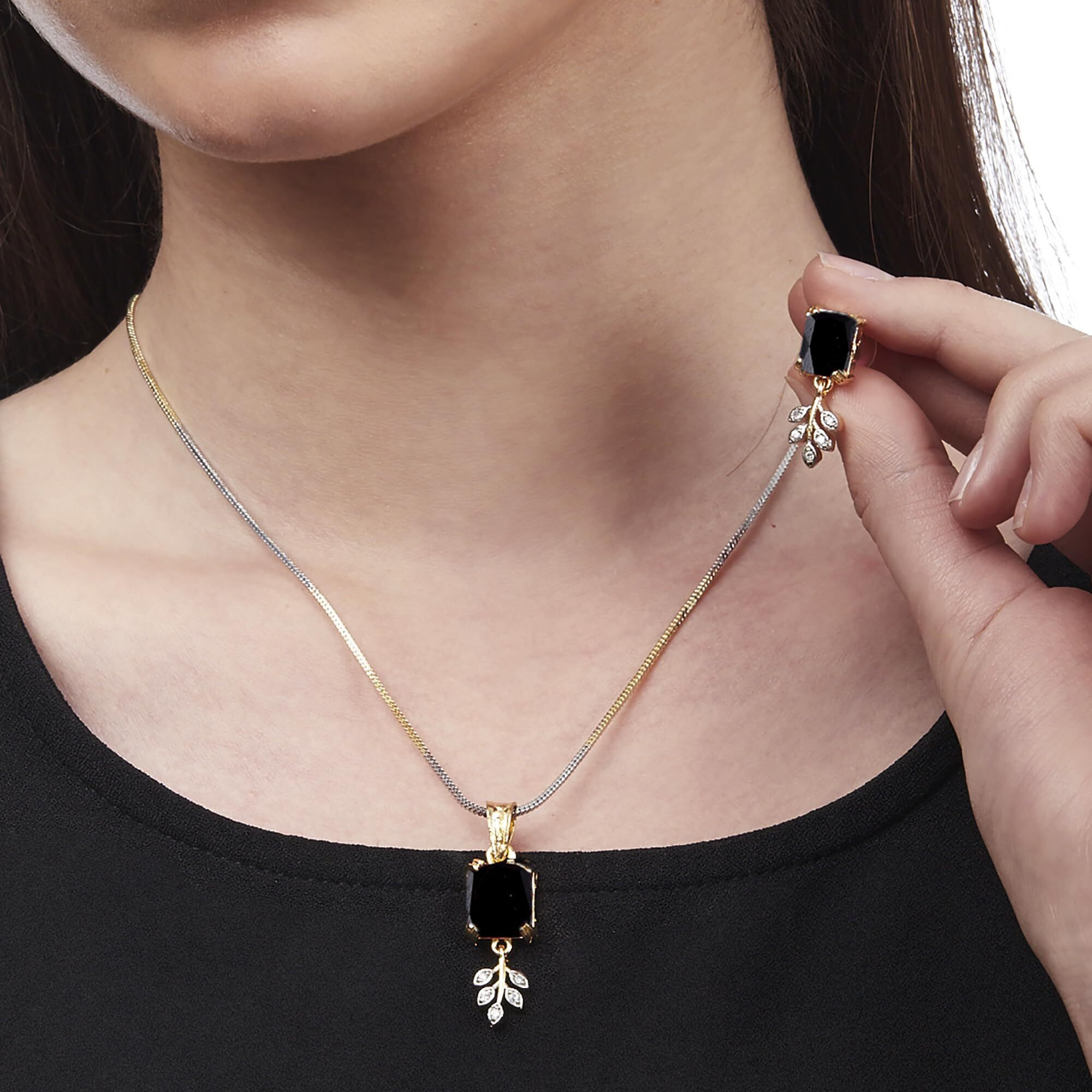 ZENEME Pendant Gold Plated Emerald Shaped Black CZ Stone Drop Leaf Big Size Pendant Necklace Set With Earring Jewellery For Girl & Women(Black)