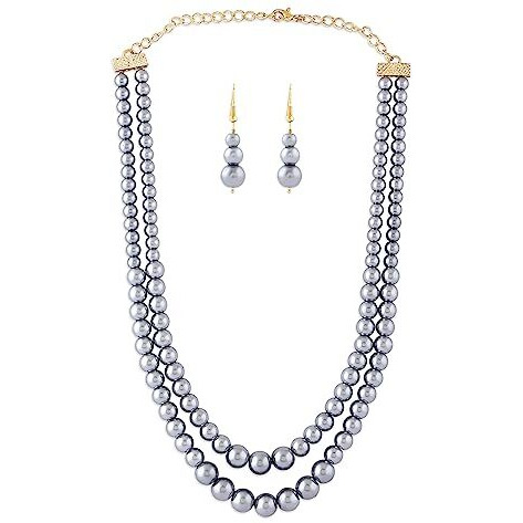 ZAVERI PEARLS Grey Colour Double Layer Long Beaded Necklace & Earring Set For Women -ZPFK16191