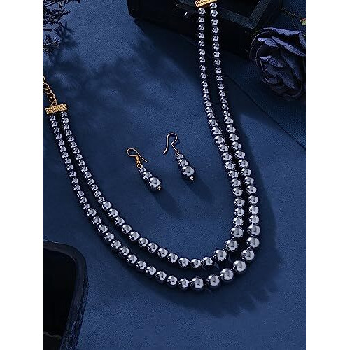 ZAVERI PEARLS Grey Colour Double Layer Long Beaded Necklace & Earring Set For Women -ZPFK16191