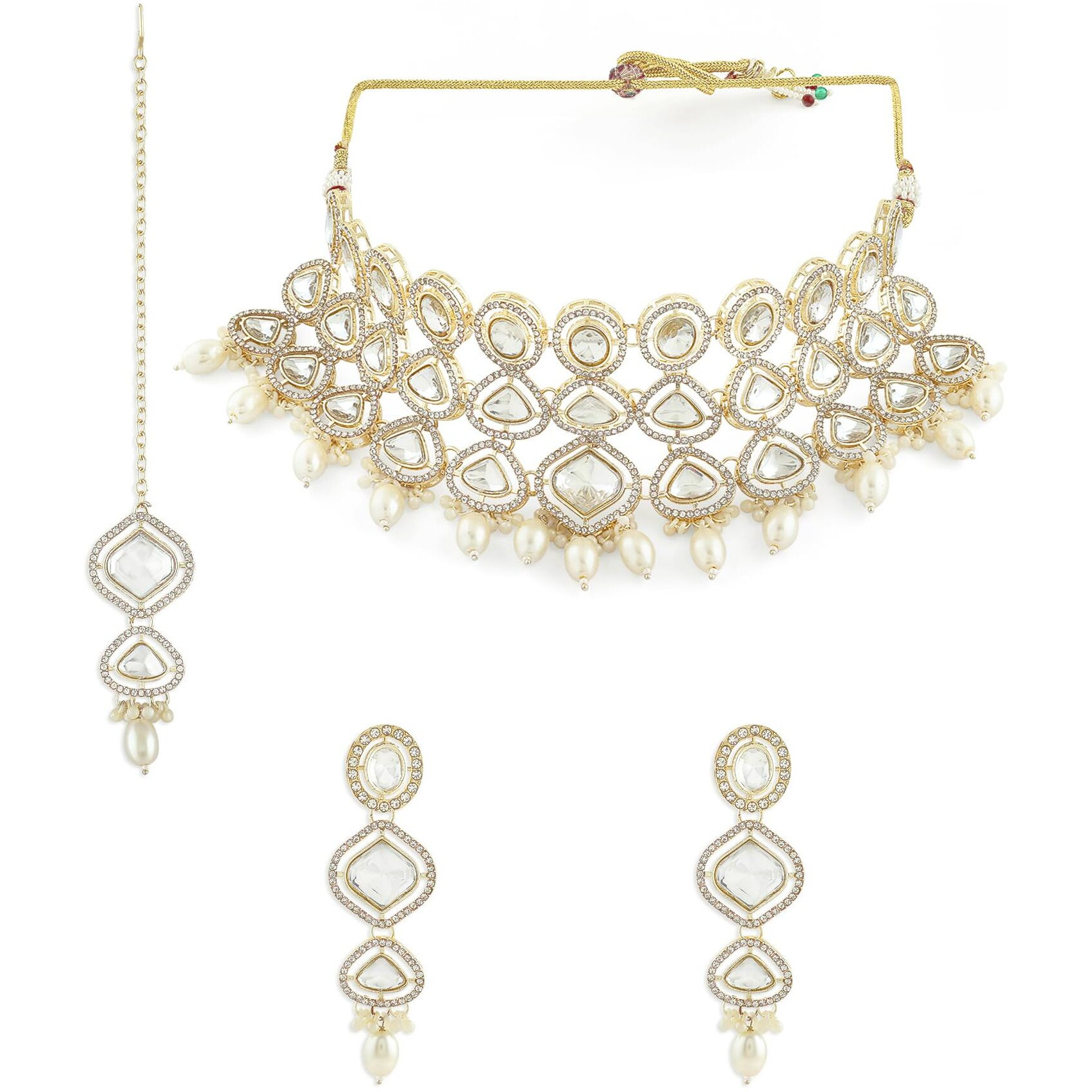 ZAVERI PEARLS Gold Tone Artificial Stones & Beads Bridal Necklace Earring & Maangtikka Set For Women-ZPFK16902