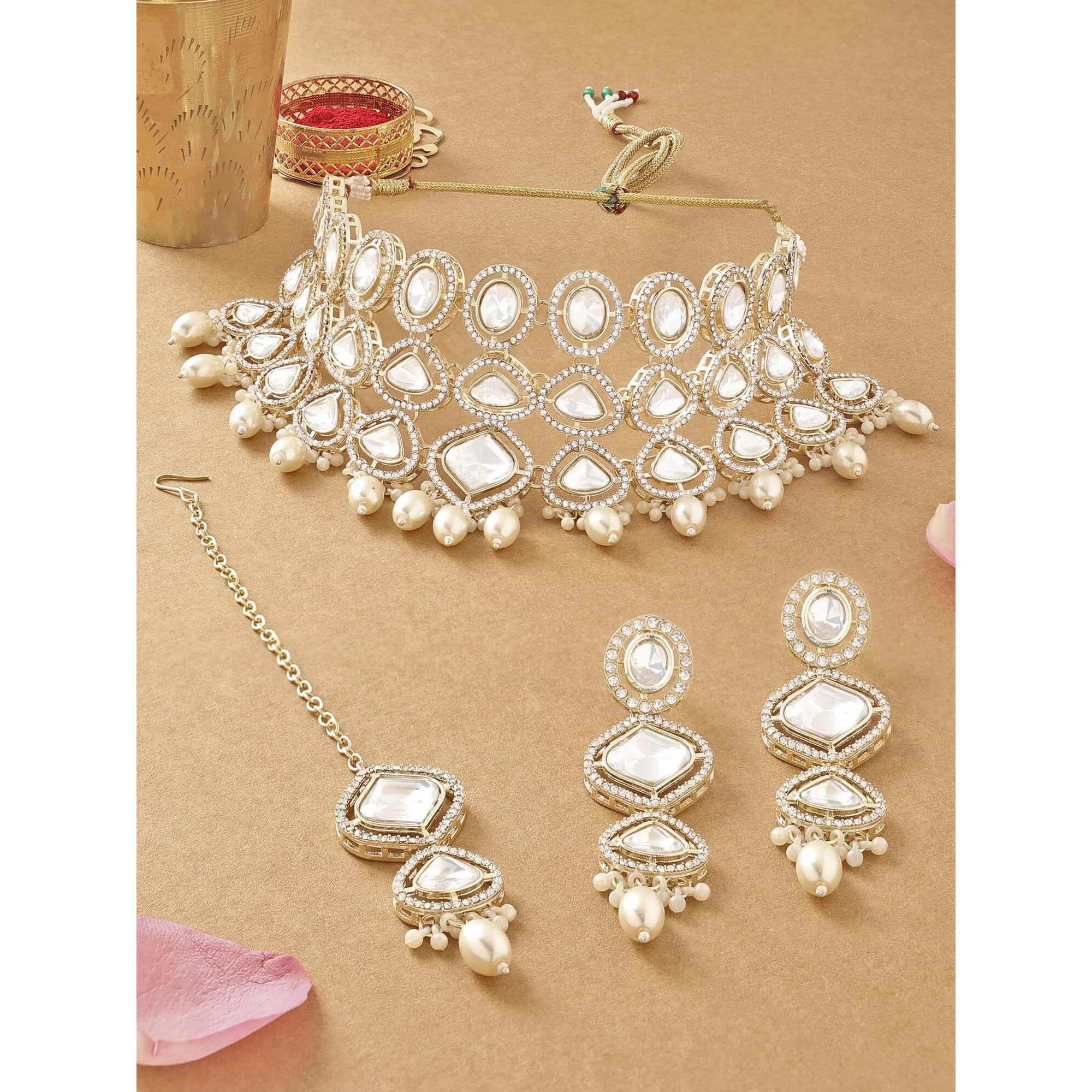 ZAVERI PEARLS Gold Tone Artificial Stones & Beads Bridal Necklace Earring & Maangtikka Set For Women-ZPFK16902
