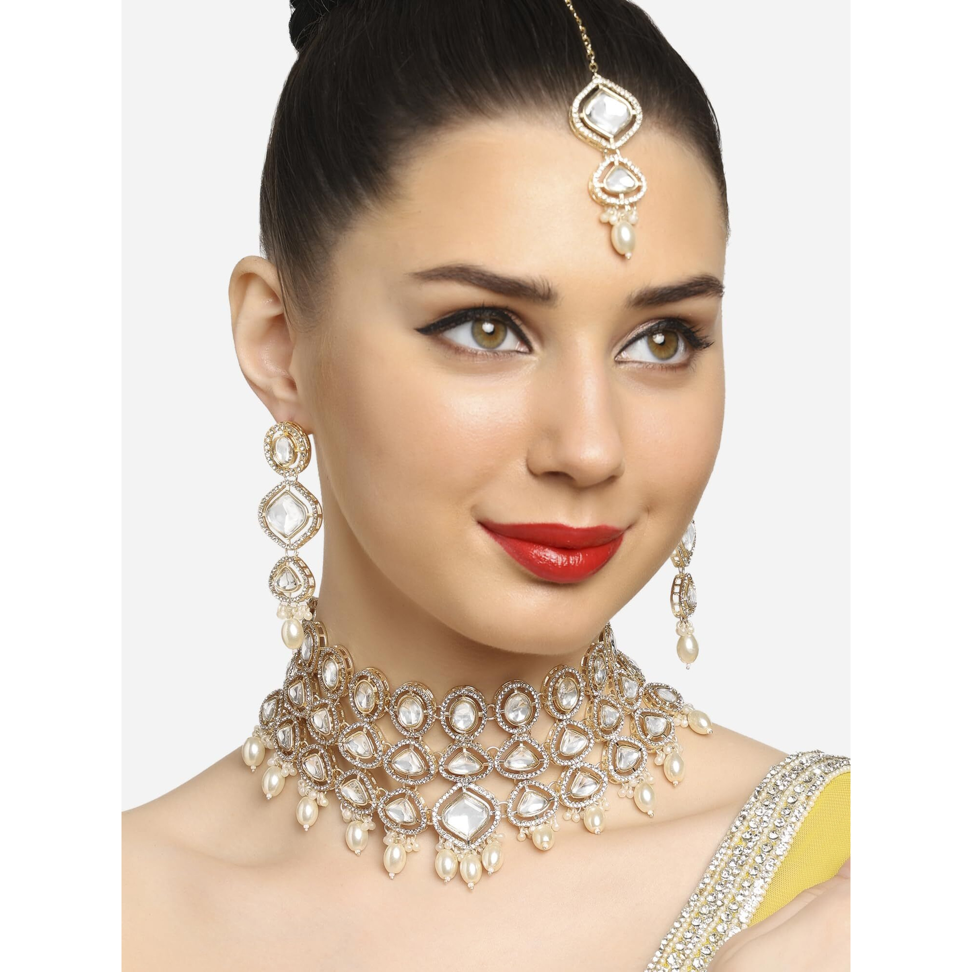 ZAVERI PEARLS Gold Tone Artificial Stones & Beads Bridal Necklace Earring & Maangtikka Set For Women-ZPFK16902