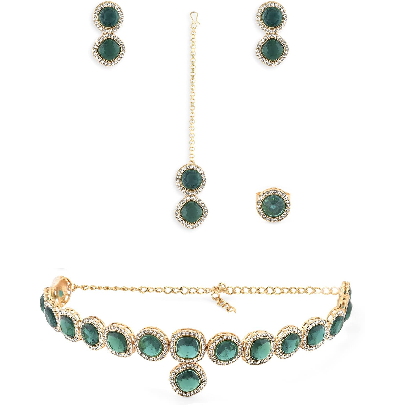 ZAVERI PEARLS Green Dazzling Stones Necklace Earring Maangtikka & Ring Set For Women-ZPFK14600