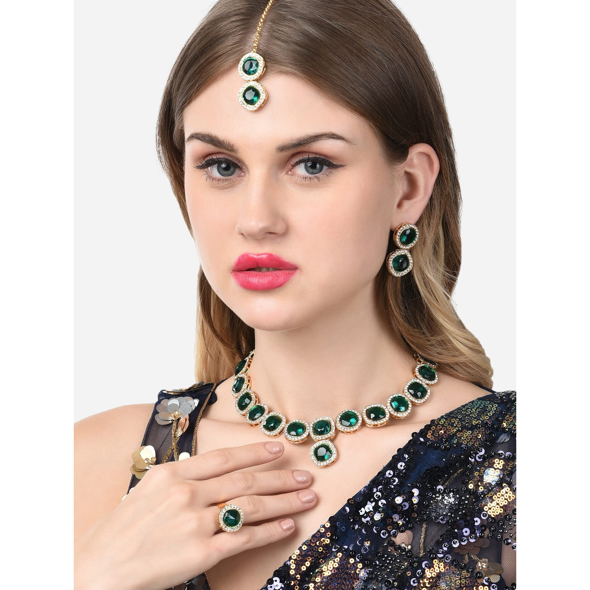 ZAVERI PEARLS Green Dazzling Stones Necklace Earring Maangtikka & Ring Set For Women-ZPFK14600