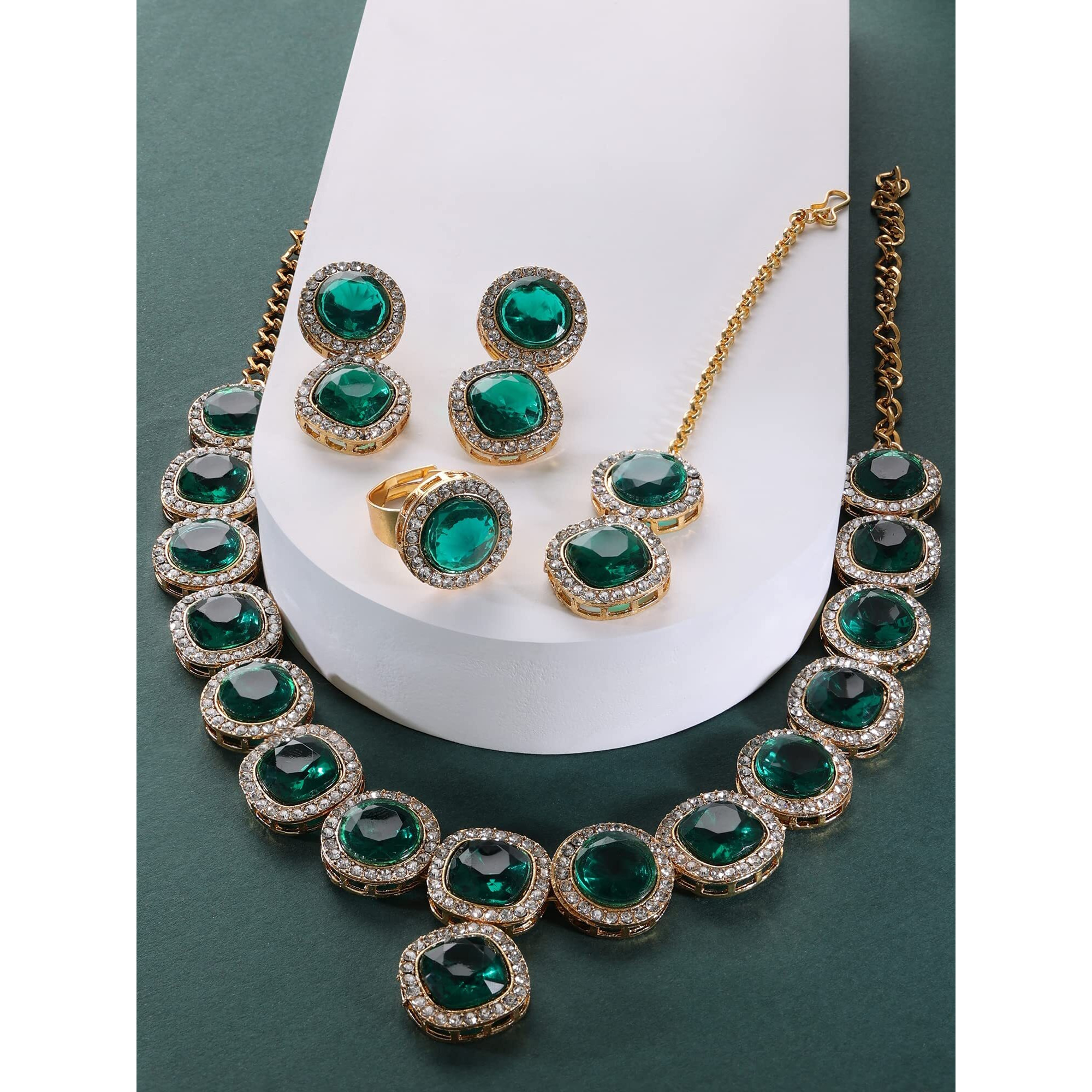 ZAVERI PEARLS Green Dazzling Stones Necklace Earring Maangtikka & Ring Set For Women-ZPFK14600