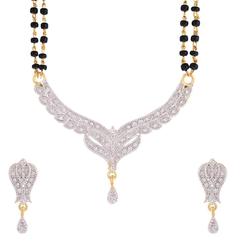 ZENEME Mangalsutra Gold Plated American Diamond Studded Tanmaniya Nallapusalu With Earrings Jewellery For Women (Style 8)
