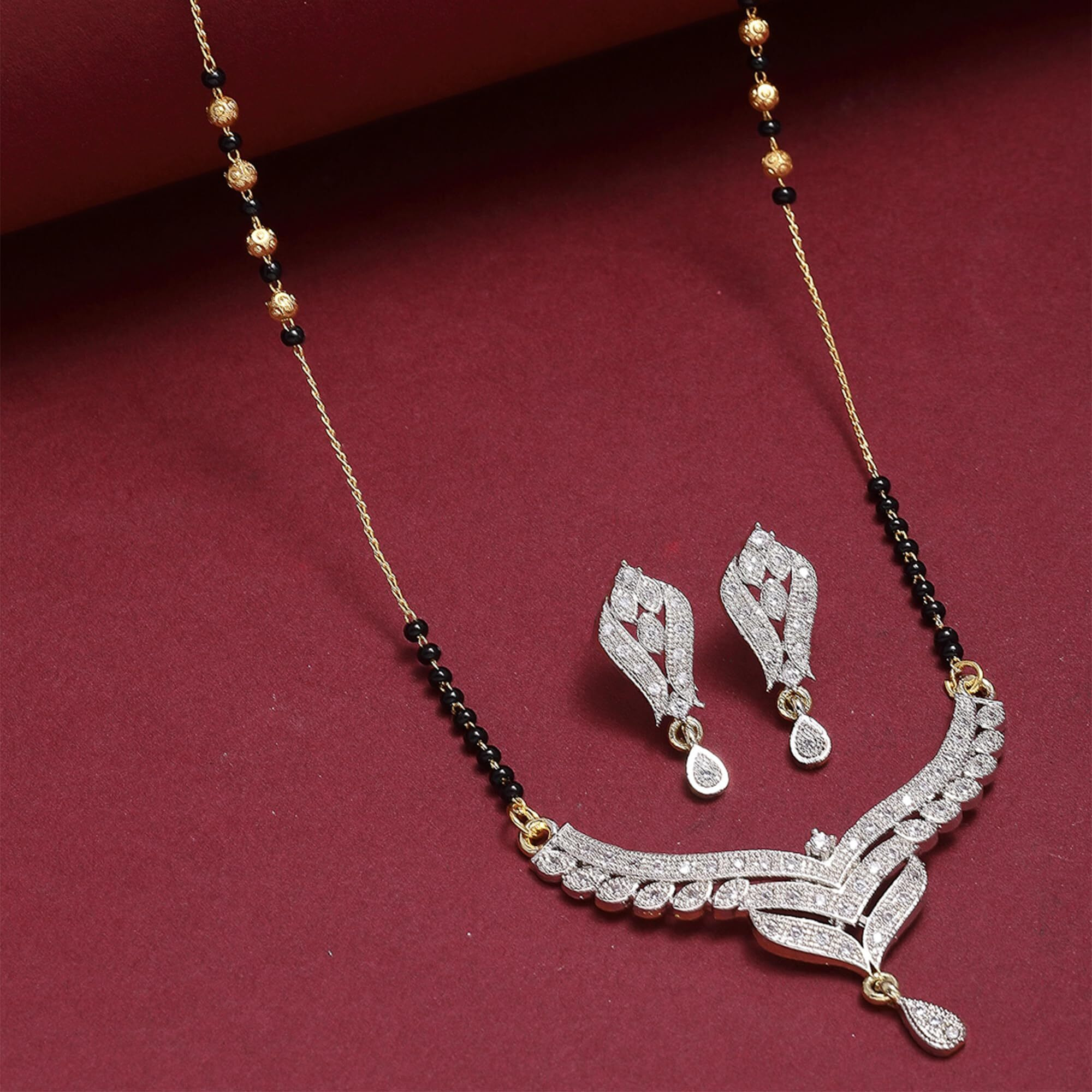 ZENEME Mangalsutra Gold Plated American Diamond Studded Tanmaniya Nallapusalu With Earrings Jewellery For Women (Style 8)